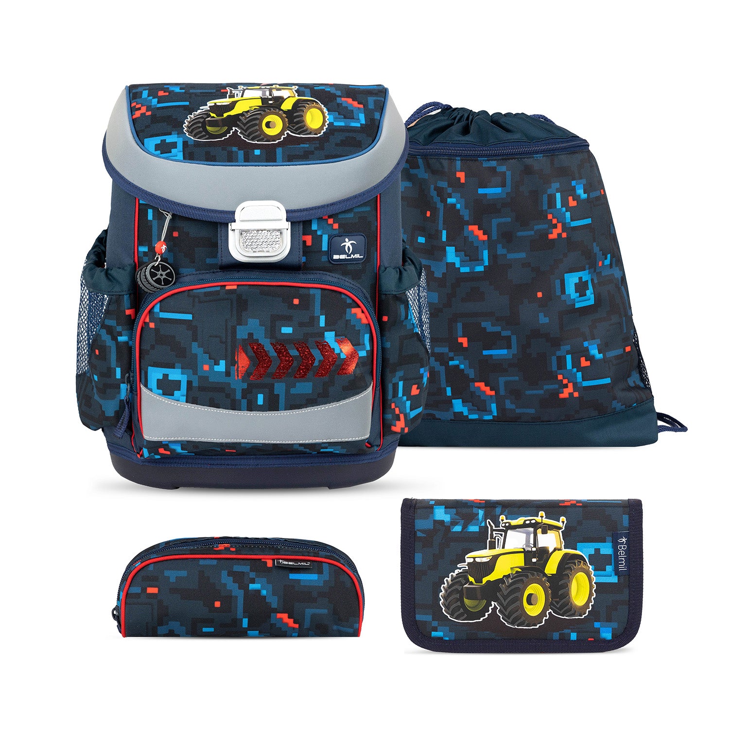 Ergonomic School Bag Set for Boys – Belmil Mini-Fit PixelTrak (4 pcs) showcasing pixel-art inspired design with a yellow tractor.