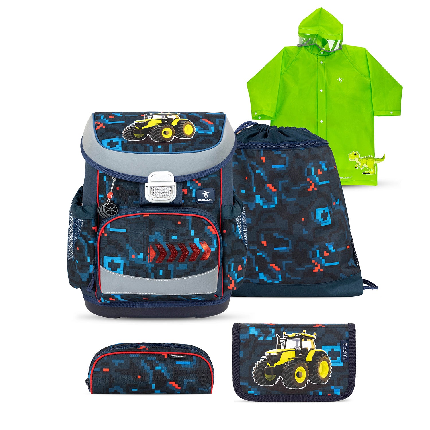 Image of the Belmil Mini-Fit Ergonomic School Bag Set 'Tractron' design featuring a compact and ergonomic style suitable for boys.