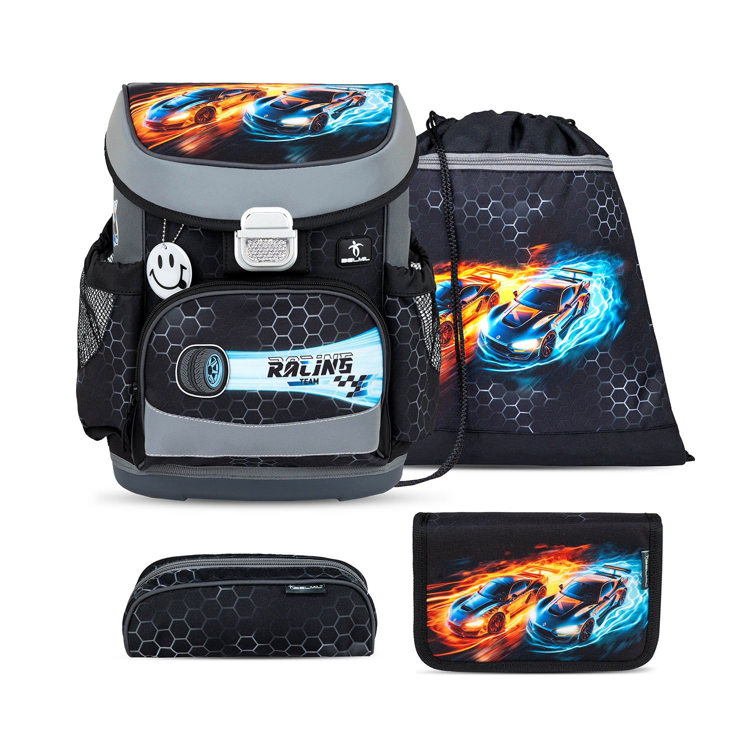 Front view of the Ergonomic School Bag Set for Boys – Belmil Mini-Fit Race It (4 pcs) showcasing its vibrant racing design.