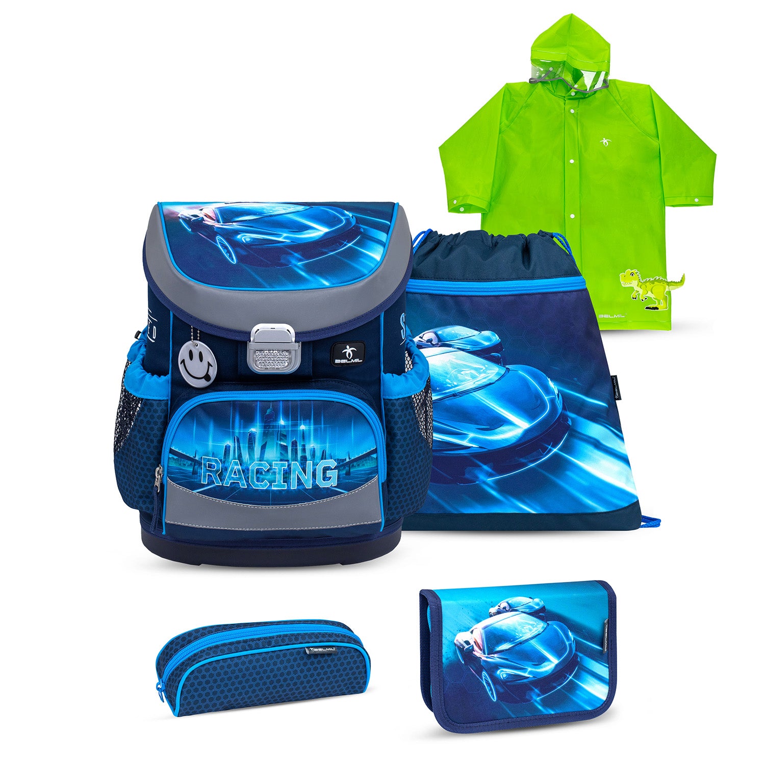 Belmil Mini-Fit Ergonomic School Bag Set 'Racing Blue Neon' + Dinosaur Raincoat – 5-Piece Compact and Comfortable School Starter Set for Boys featuring dynamic racing car design with neon accents.