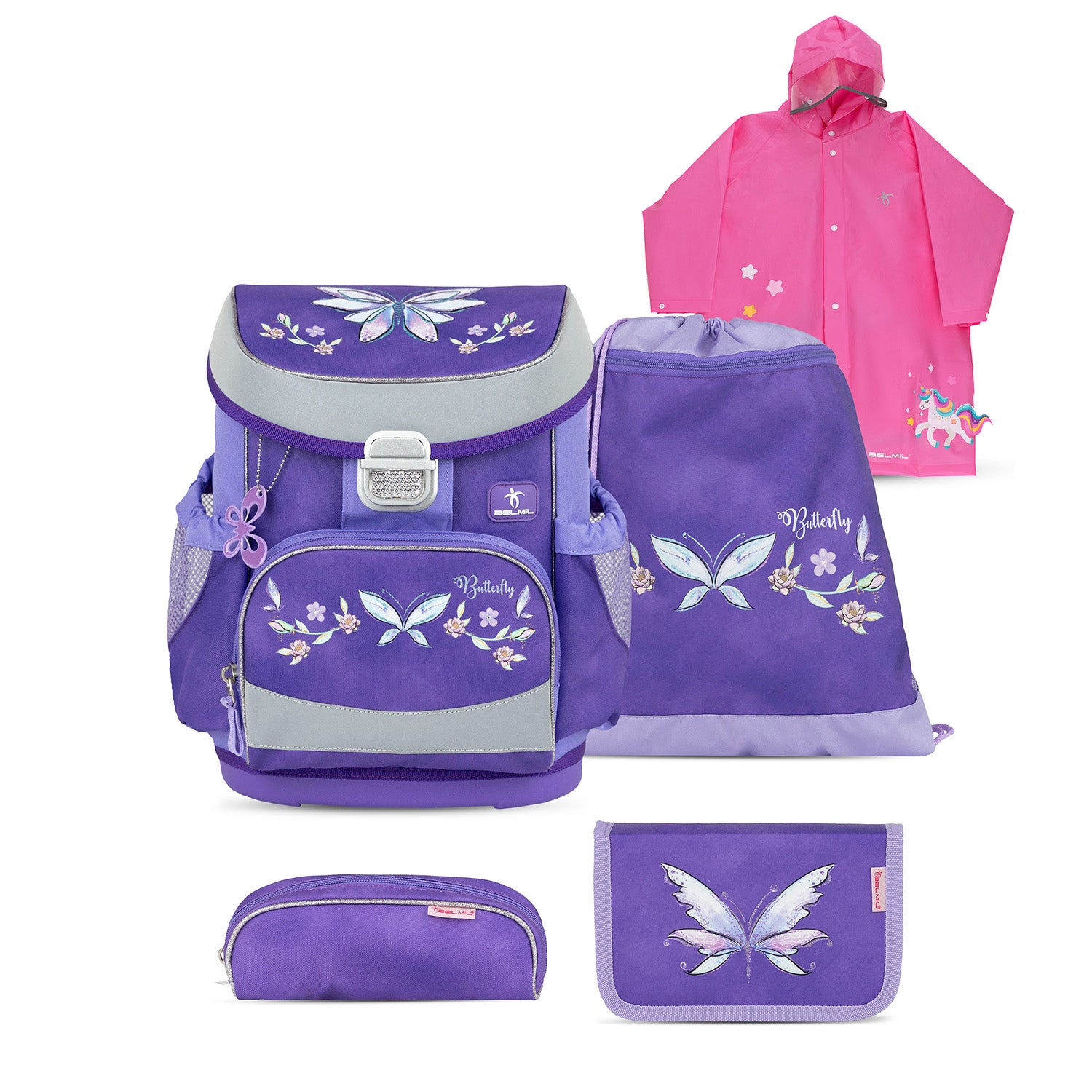 Belmil Mini-Fit Ergonomic School Bag Set “Starlight Wings” + Unicorn Raincoat – 5-Piece Compact and Comfortable School Starter Set for Girls featuring a stylish purple backpack with butterfly motifs and matching accessories, perfect for young girls.