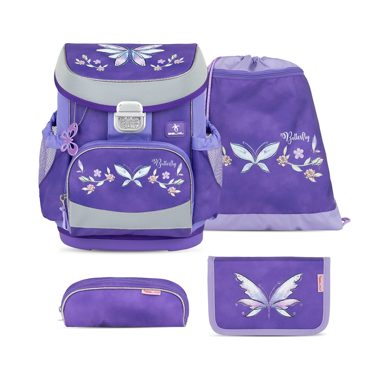 Ergonomic School Bag Set for Girls – Belmil Mini-Fit Starlight Wings (4 pcs) featuring vibrant purple and blue colors with butterfly designs.