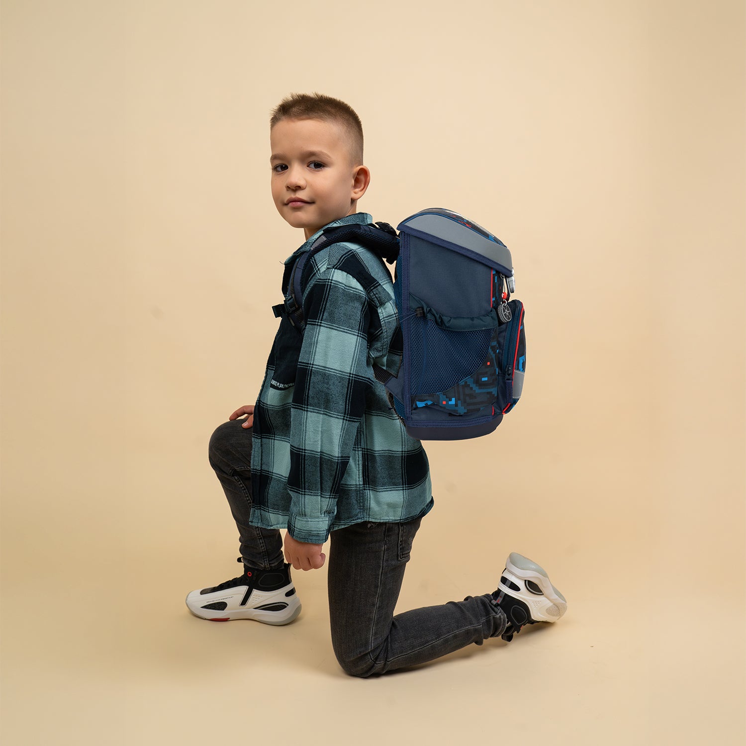 Belmil Mini-Fit Ergonomic School Bag Set “PixelTrak" + Dinosaur Raincoat – 5-Piece Compact and Comfortable School Starter Set for Boys