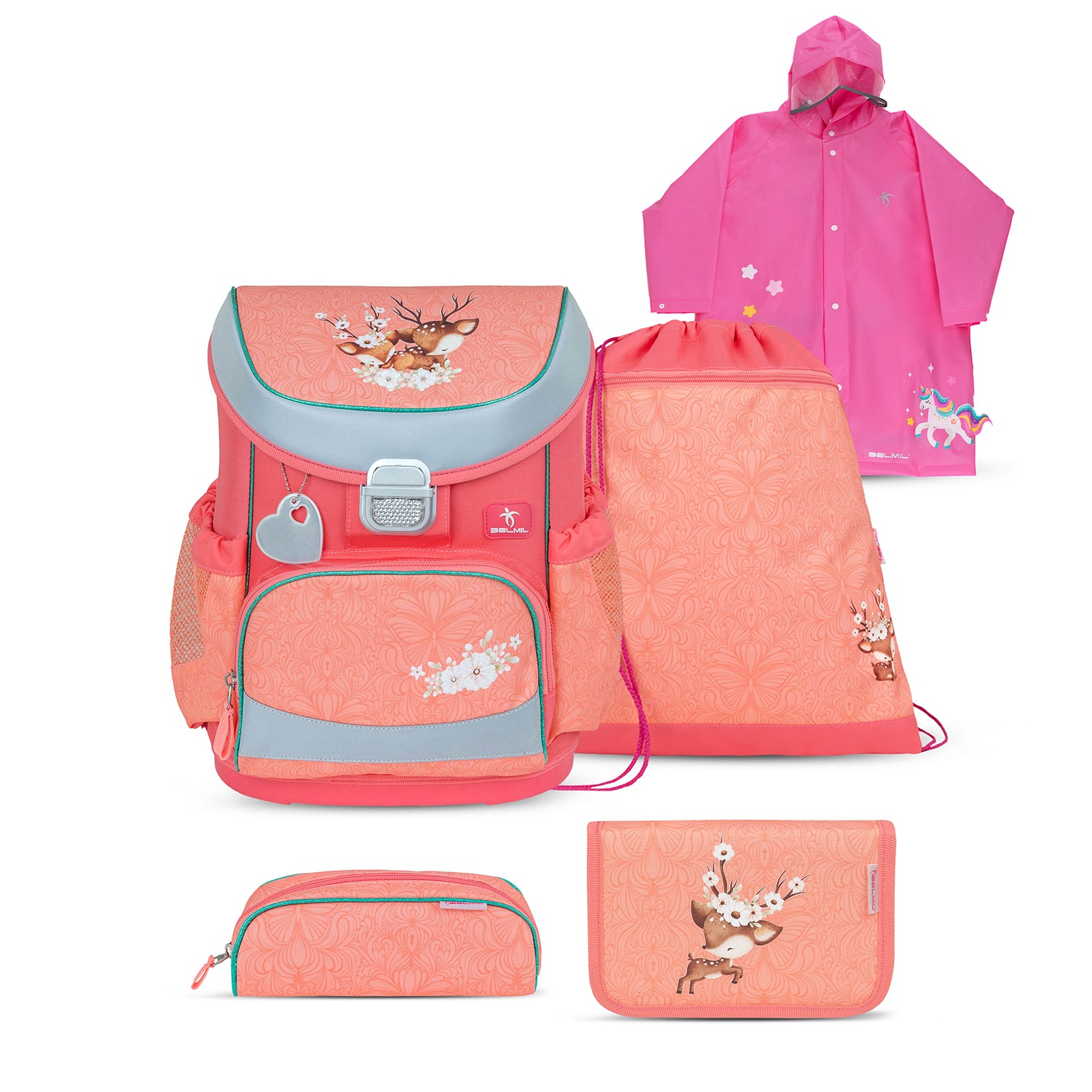 Belmil Mini-Fit Ergonomic School Bag Set “Cute Doe” Design + Unicorn Raincoat – 5-Piece Compact and Comfortable School Starter Set featuring an adorable fawn and floral details.