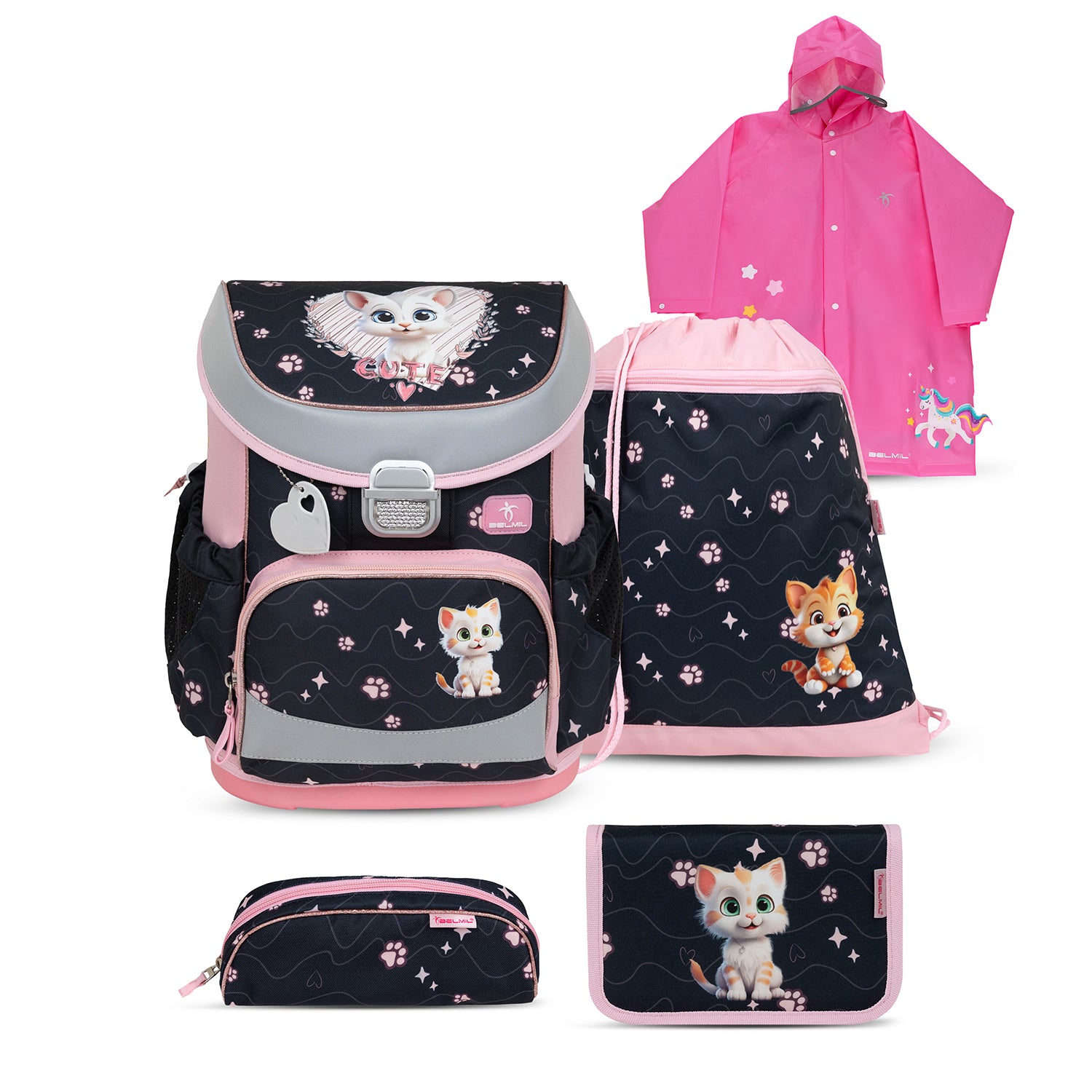 Belmil Mini-Fit Ergonomic School Bag Set “Cute Kitten” Design + Unicorn Raincoat – 5-Piece Compact and Comfortable School Starter Set featuring ergonomic design for small children.