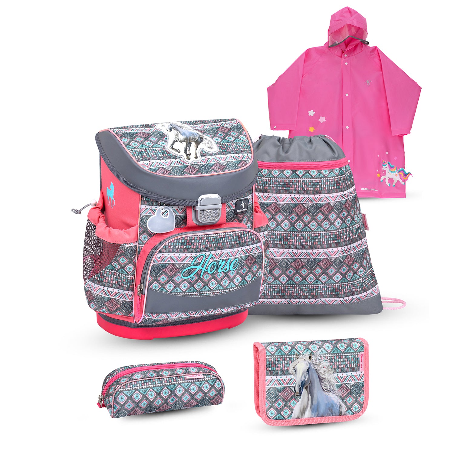 Belmil Mini-Fit Ergonomic School Bag Set “Horse Aruba Blue” Design + Unicorn Raincoat – 5-Piece Compact and Comfortable School Starter Set showing durable construction.