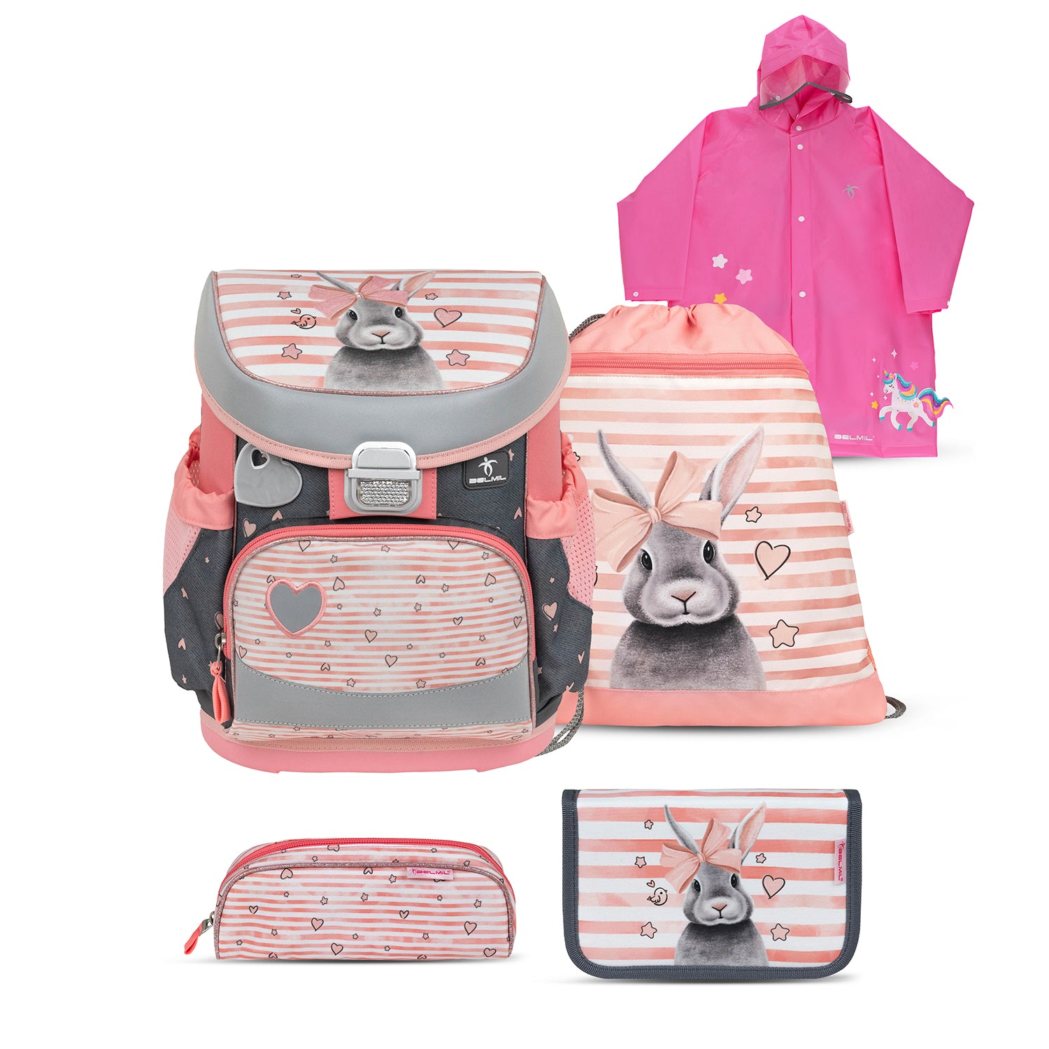 Belmil Mini-Fit Ergonomic School Bag Set “Little Bunnies” Design + Unicorn Raincoat – 5-Piece Compact and Comfortable School Starter Set showing a cute bunny design on the school bag.