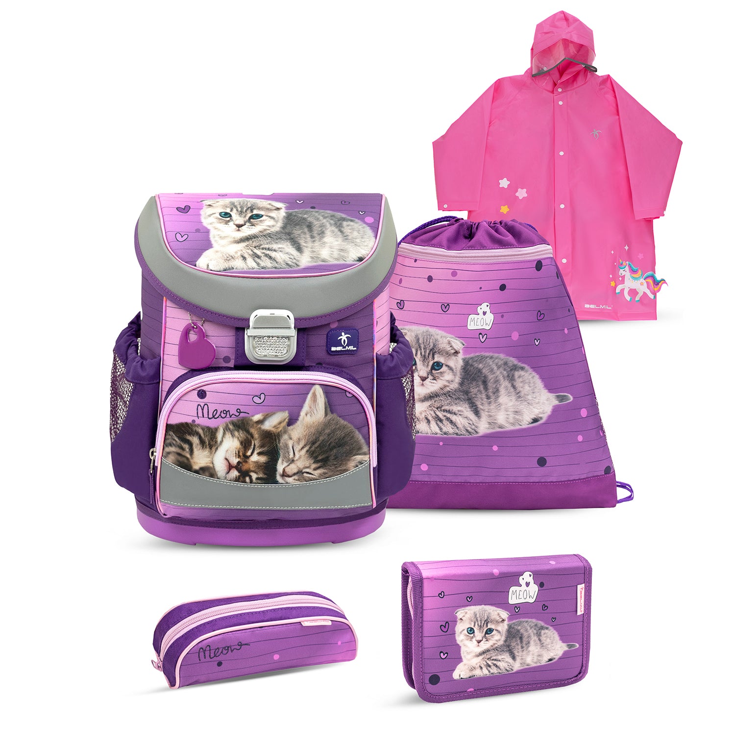 Belmil Mini-Fit Ergonomic School Bag Set “Little Caty” Design + Unicorn Raincoat – 5-Piece Compact and Comfortable School Starter Set showing the bag's compact ergonomic design for small children.