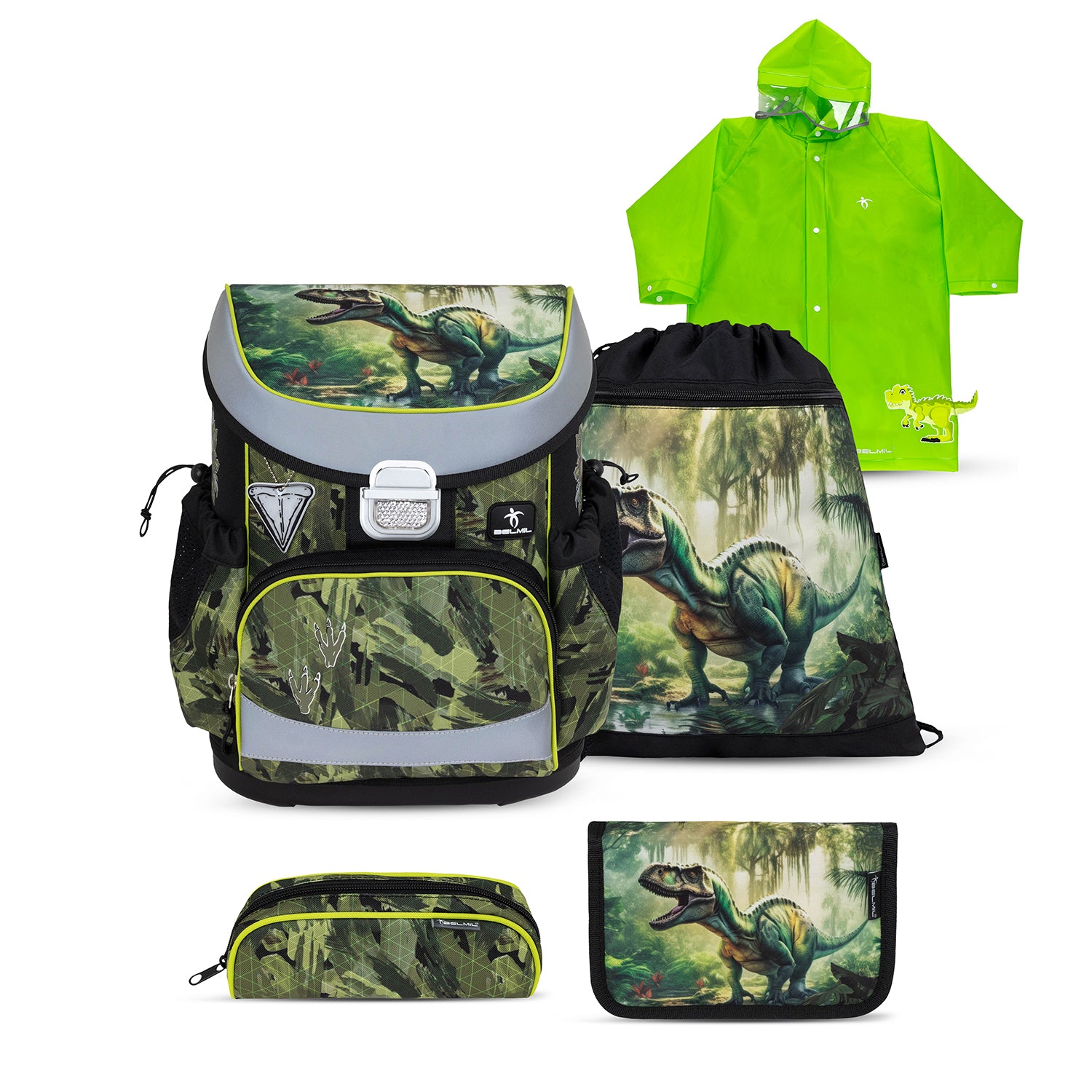 Belmil Mini-Fit Ergonomic School Bag Set for Boys “Lost World” Design + Dinosaur Raincoat – 5-Piece Compact and Back-Friendly School Starter Set showcasing the vibrant dinosaur print.