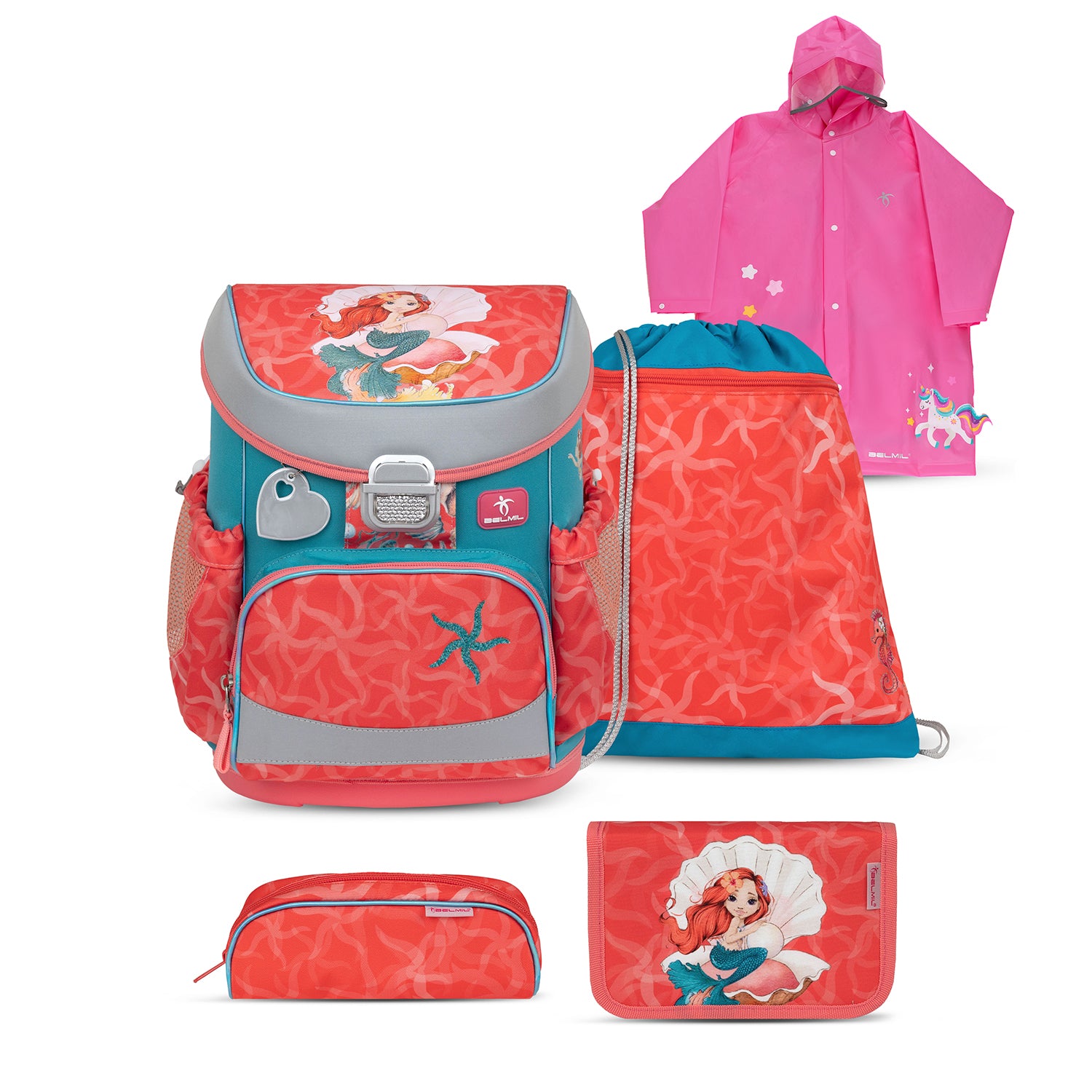 Belmil Mini-Fit Ergonomic School Bag Set “Sea Queen” Design + Unicorn Raincoat – 5-Piece Compact and Comfortable School Starter Set showcasing its enchanting underwater design with friendly sea creatures.
