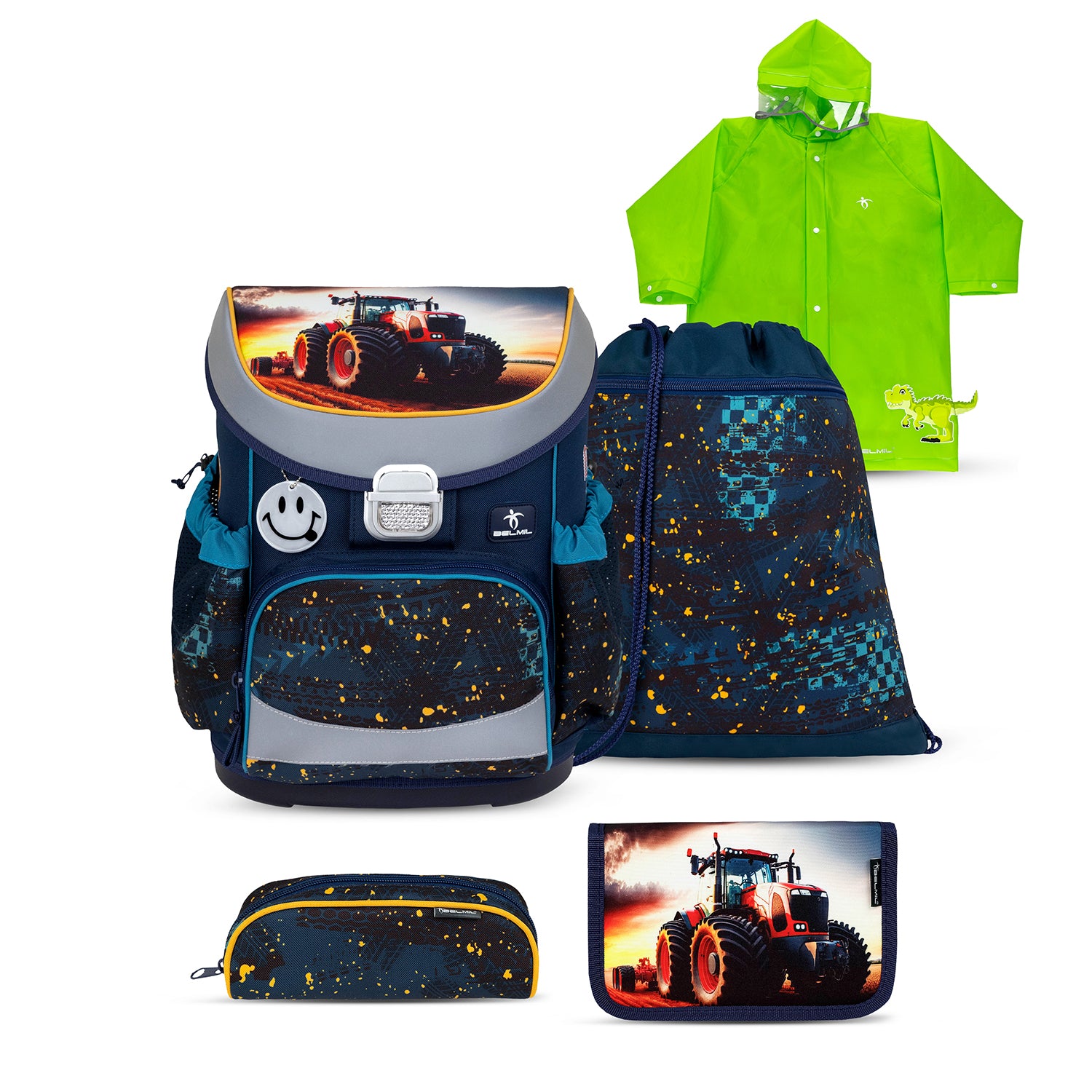 Belmil Mini-Fit Ergonomic School Bag Set for Boys “Tractron” Design + Dinosaur Raincoat – 5-Piece Compact and Back-Friendly School Starter Set, featuring a vibrant tractor design.