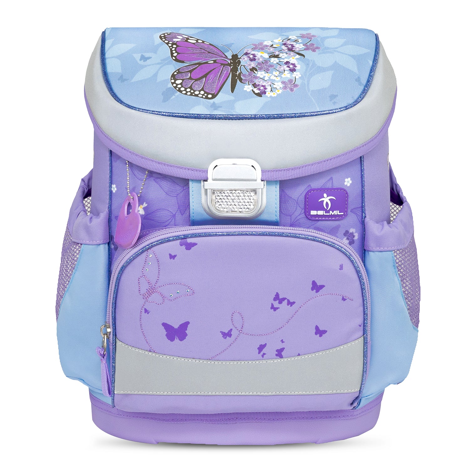 Breathable back padding and adjustable straps of the Belmil Mini-Fit Ergonomic School Bag Set “Purple Blue Butterfly” for ultimate comfort.