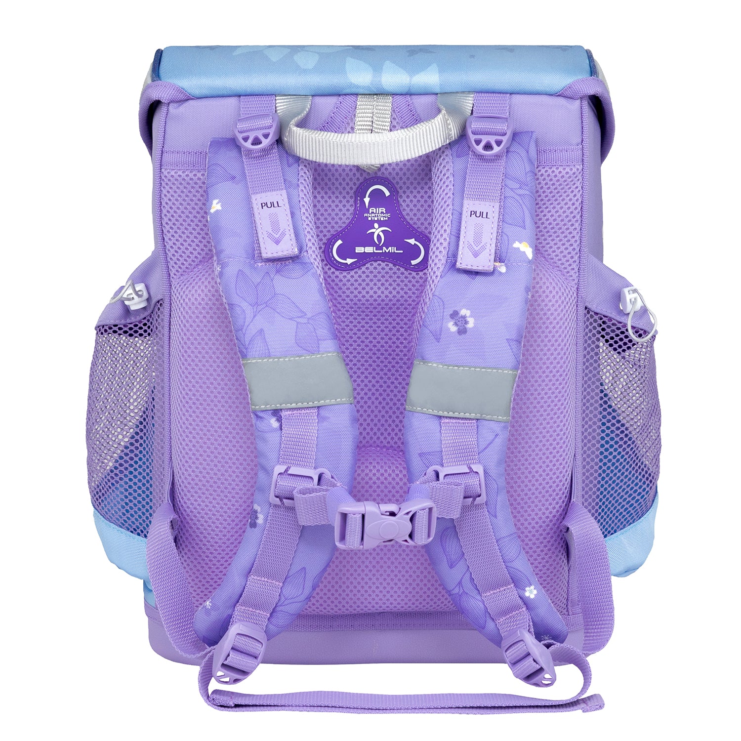 Smart interior layout of the Belmil Mini-Fit Ergonomic School Bag Set “Purple Blue Butterfly”, showcasing pockets for organization.