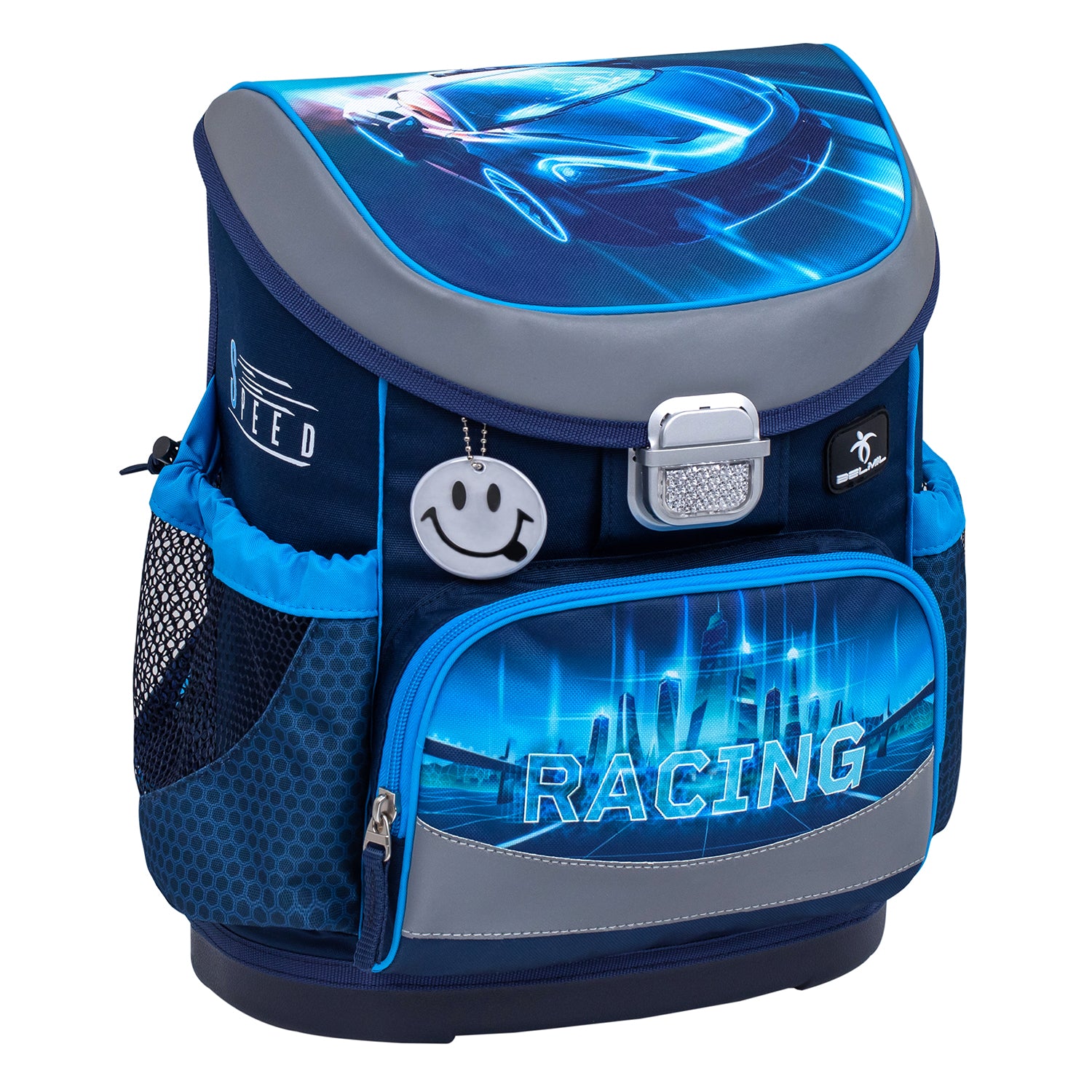 Close-up of the reflective metal buckle on the Belmil Mini-Fit Ergonomic School Bag Set 'Racing Blue Neon' + Dinosaur Raincoat for increased safety and easy usage.