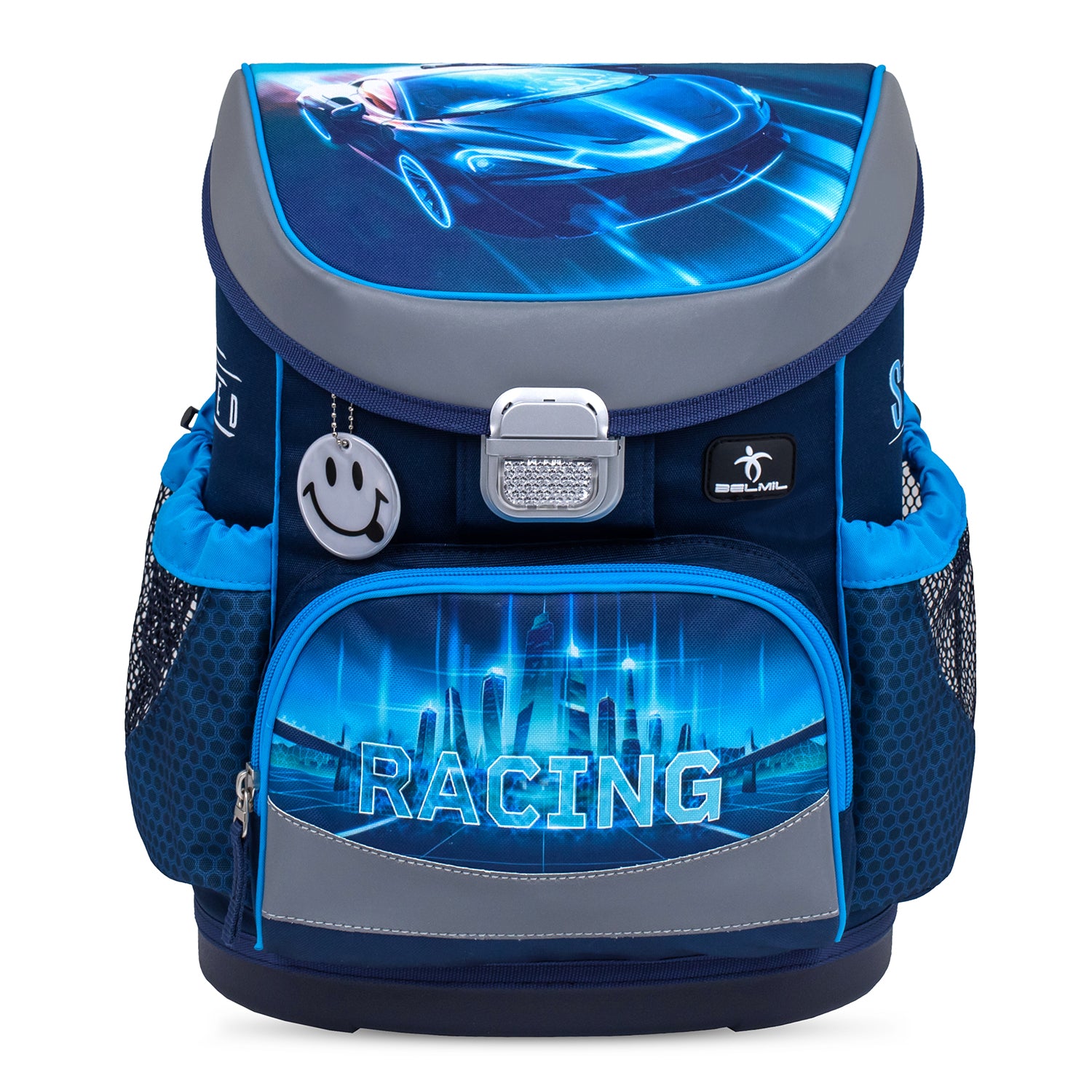 The breathable back padding and padded shoulder straps of the Belmil Mini-Fit Ergonomic School Bag Set 'Racing Blue Neon' designed for comfort and support.