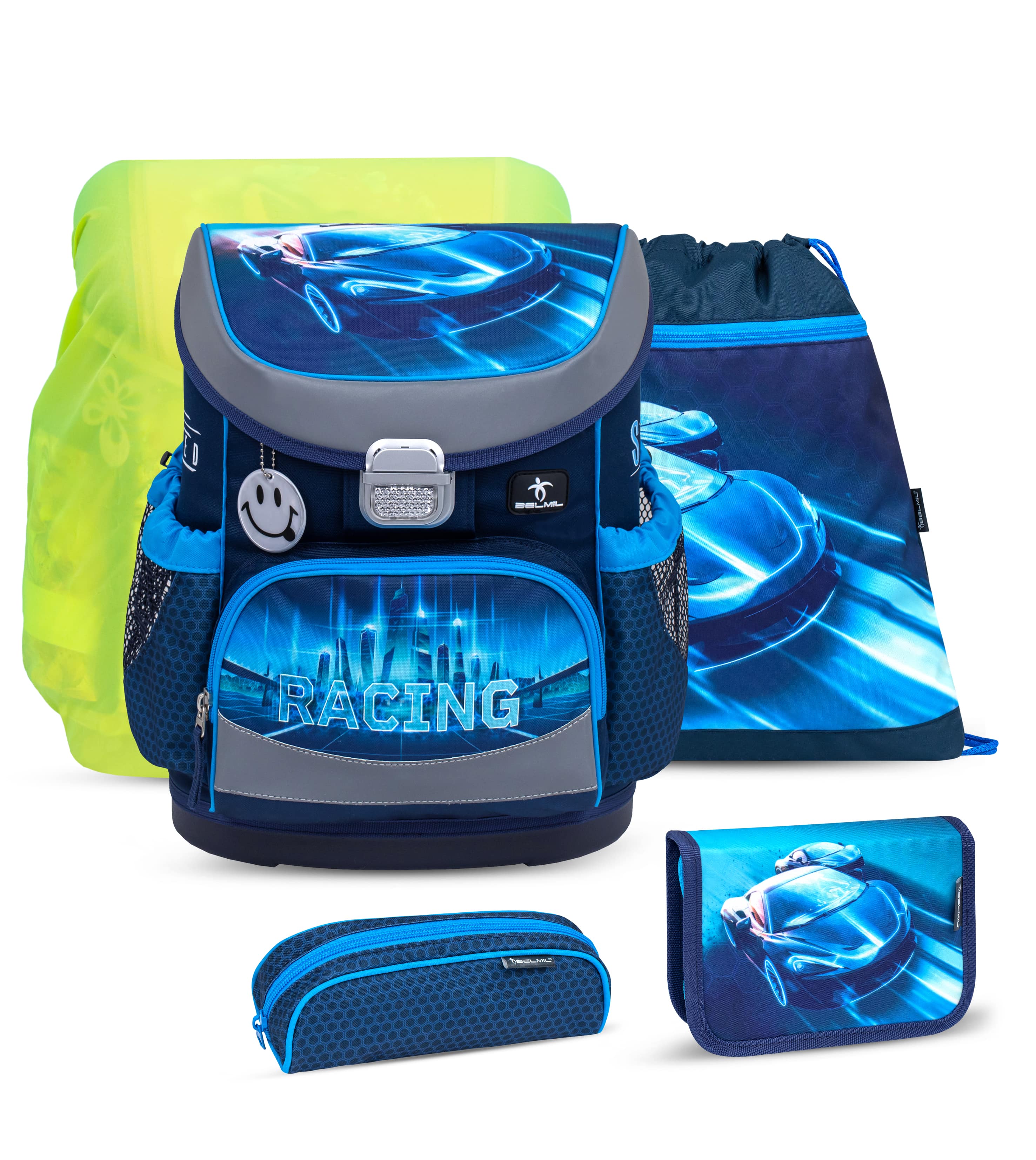 Mini-Fit Racing Blue Neon Schulranzen-Set mit Regenschutz 5 Stück