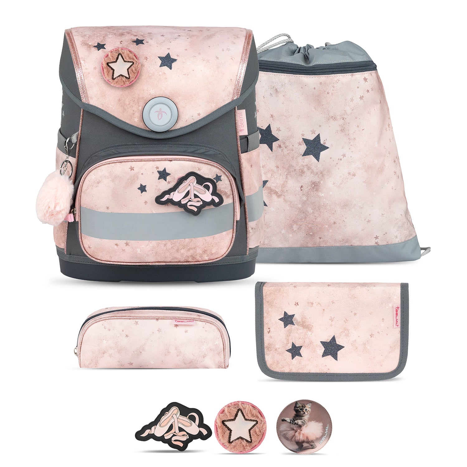 Ergonomic School Bag Set for Girls – Belmil Compact Belle Pirouette schoolbag set 5 pcs featuring a beautiful ballet-inspired design with soft blush tones and star details.
