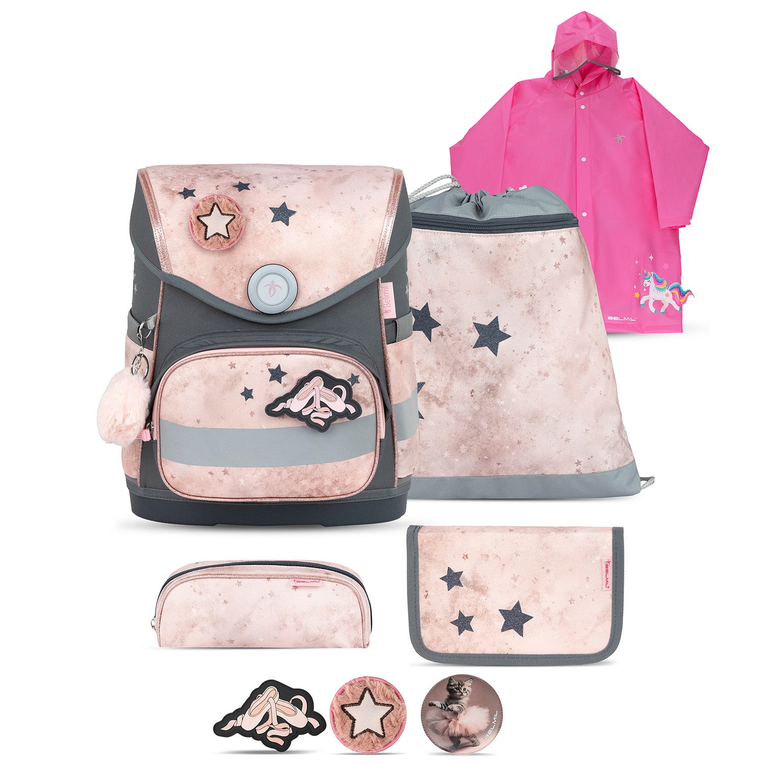 The Belmil Compact Ergonomic School Bag Set “Cute Doe” Design + Unicorn Raincoat – 5-Piece Set for Girls showcasing a stylish pink backpack adorned with adorable doe patches.