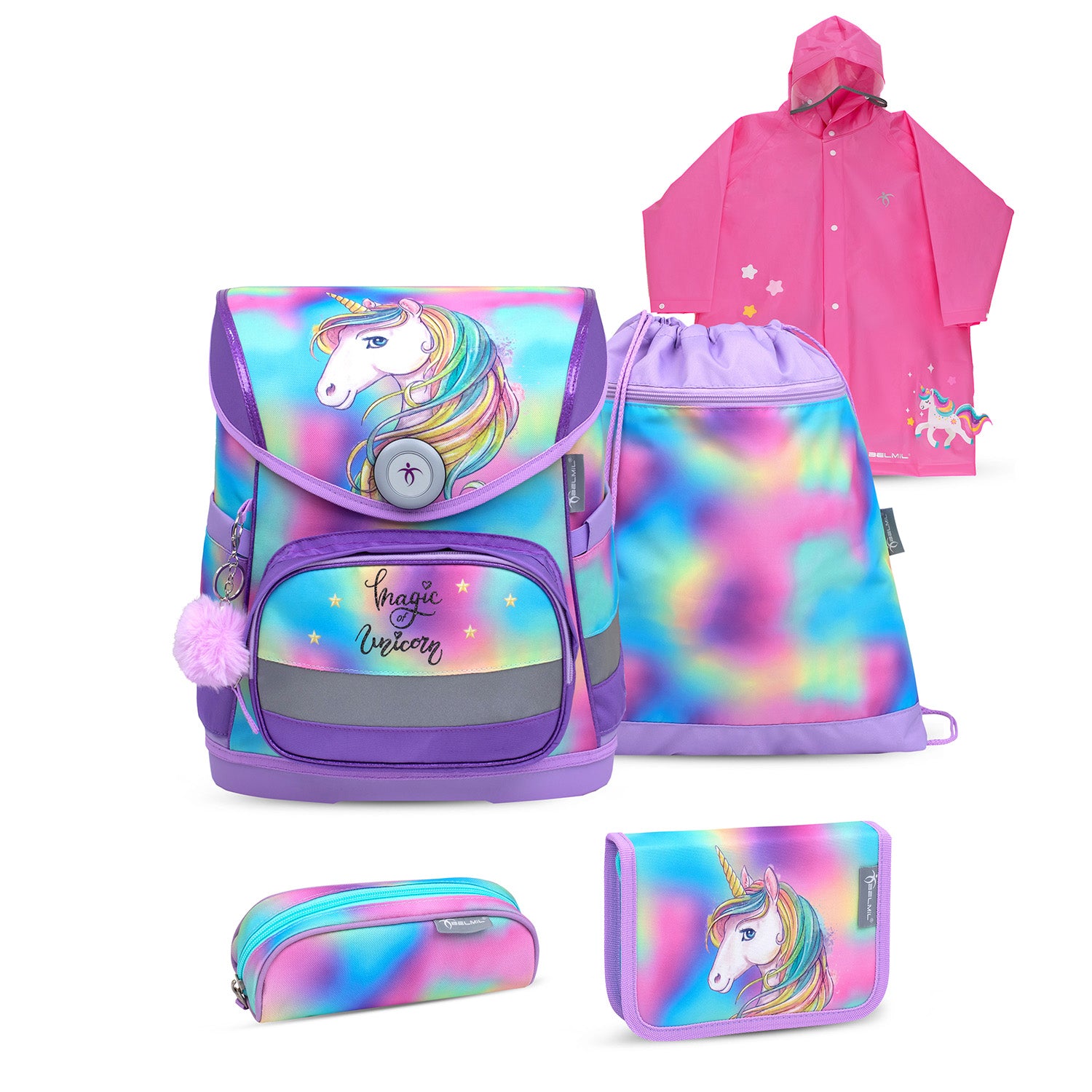 Belmil Compact Ergonomic School Bag Set “Rainbow Color” Design + Unicorn Raincoat – 5-Piece Set for Girls showcasing the lightweight and ergonomic design in vibrant colors.
