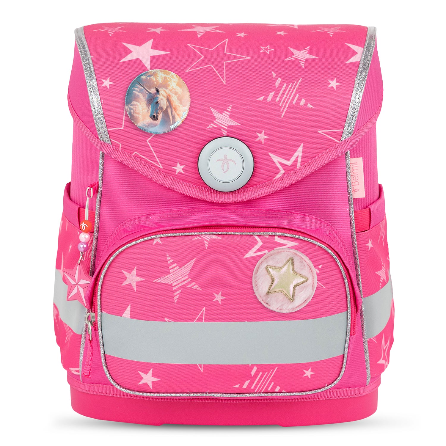 The Belmil Compact Ergonomic School Bag Set “Starry Magic” includes interchangeable badges with a golden star and unicorn designs.
