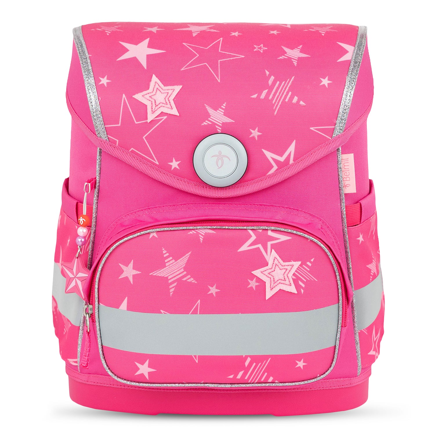 Different angles of the Ergonomic School Bag Set for Girls – Belmil Compact Starry Magic (5 pcs) highlighting its ergonomic shape and breathable back padding.