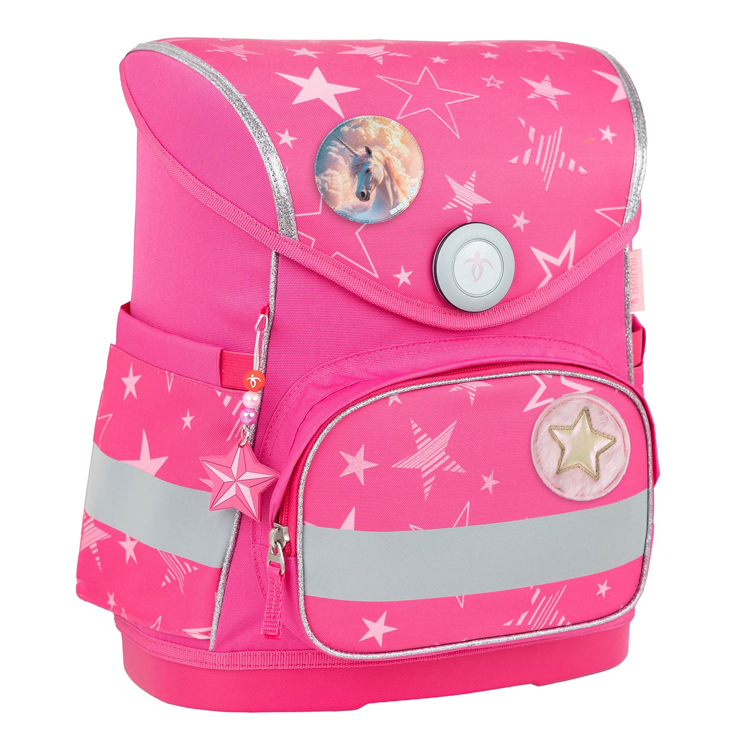 Close-up of the Ergonomic School Bag Set for Girls – Belmil Compact Starry Magic (5 pcs) showcasing the high-quality Fidlock magnetic closure.