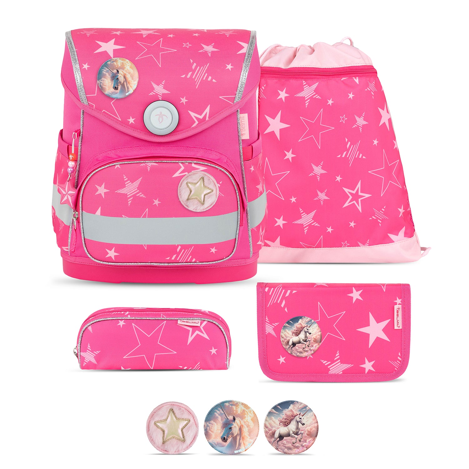 Ergonomic School Bag Set for Girls – Belmil Compact Starry Magic (5 pcs) featuring a vibrant pink design with star patterns.