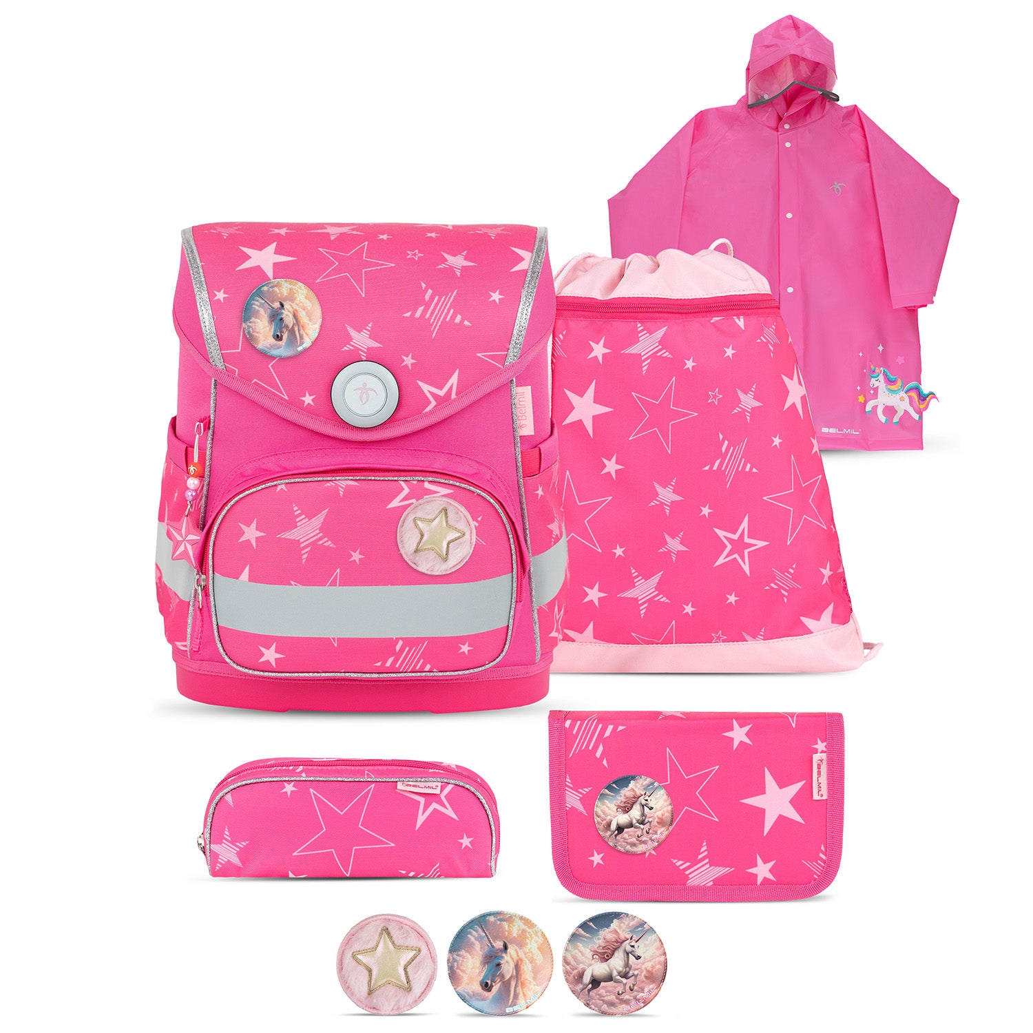 Belmil Compact Ergonomic School Bag Set “Starry Magic” Design + Unicorn Raincoat – 5-Piece Set for Girls featuring a vibrant pink background and shimmering star patterns.