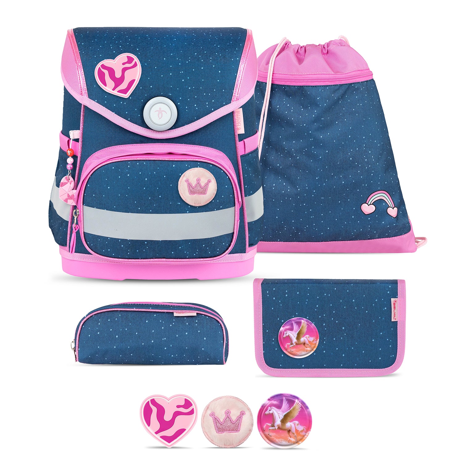 Ergonomic School Bag Set for Girls – Belmil Compact Starry Princess (5 pcs) displayed with charming starry design for young students.