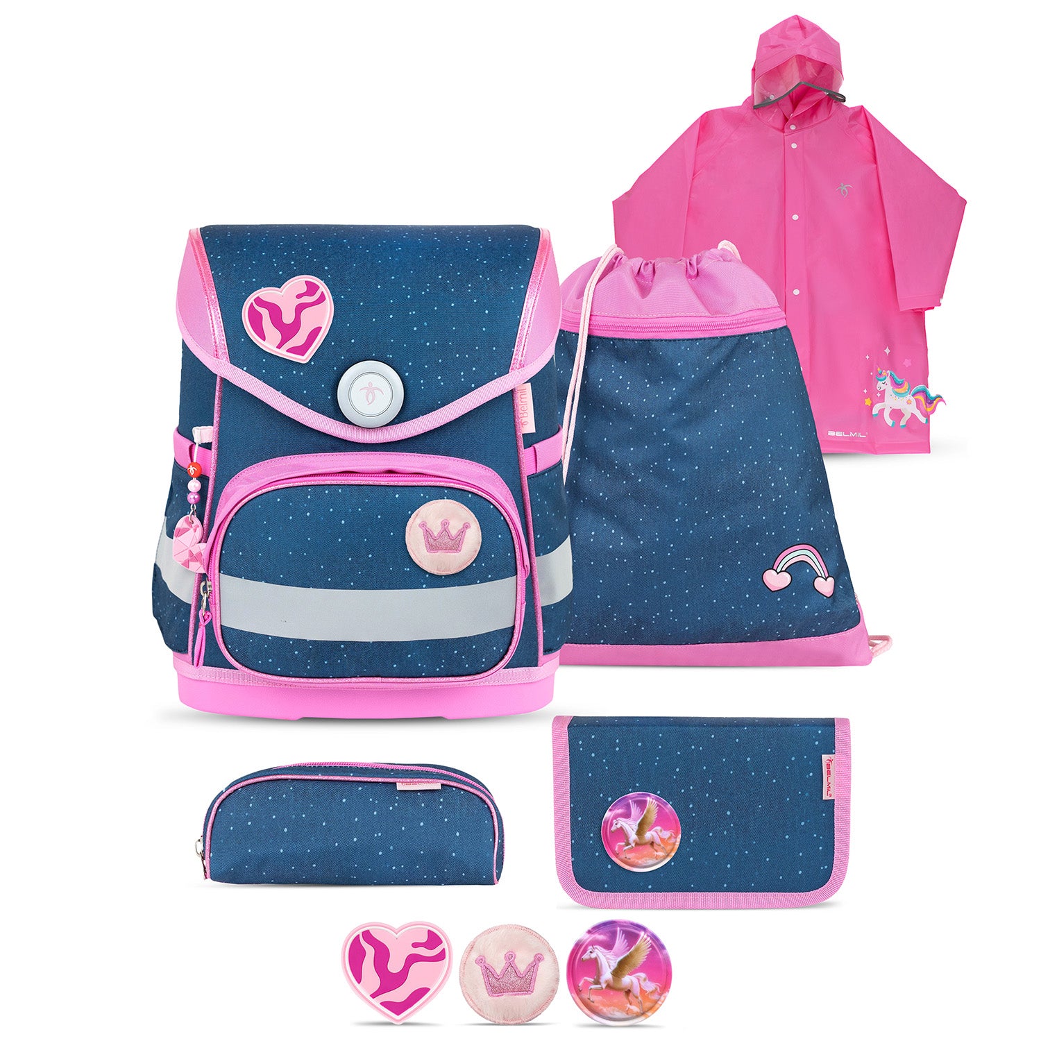Belmil Compact Ergonomic School Bag Set “Cute Doe” Design + Unicorn Raincoat – 5-Piece Set for Girls showcasing the vibrant blue and pink backpack with unicorn patches.