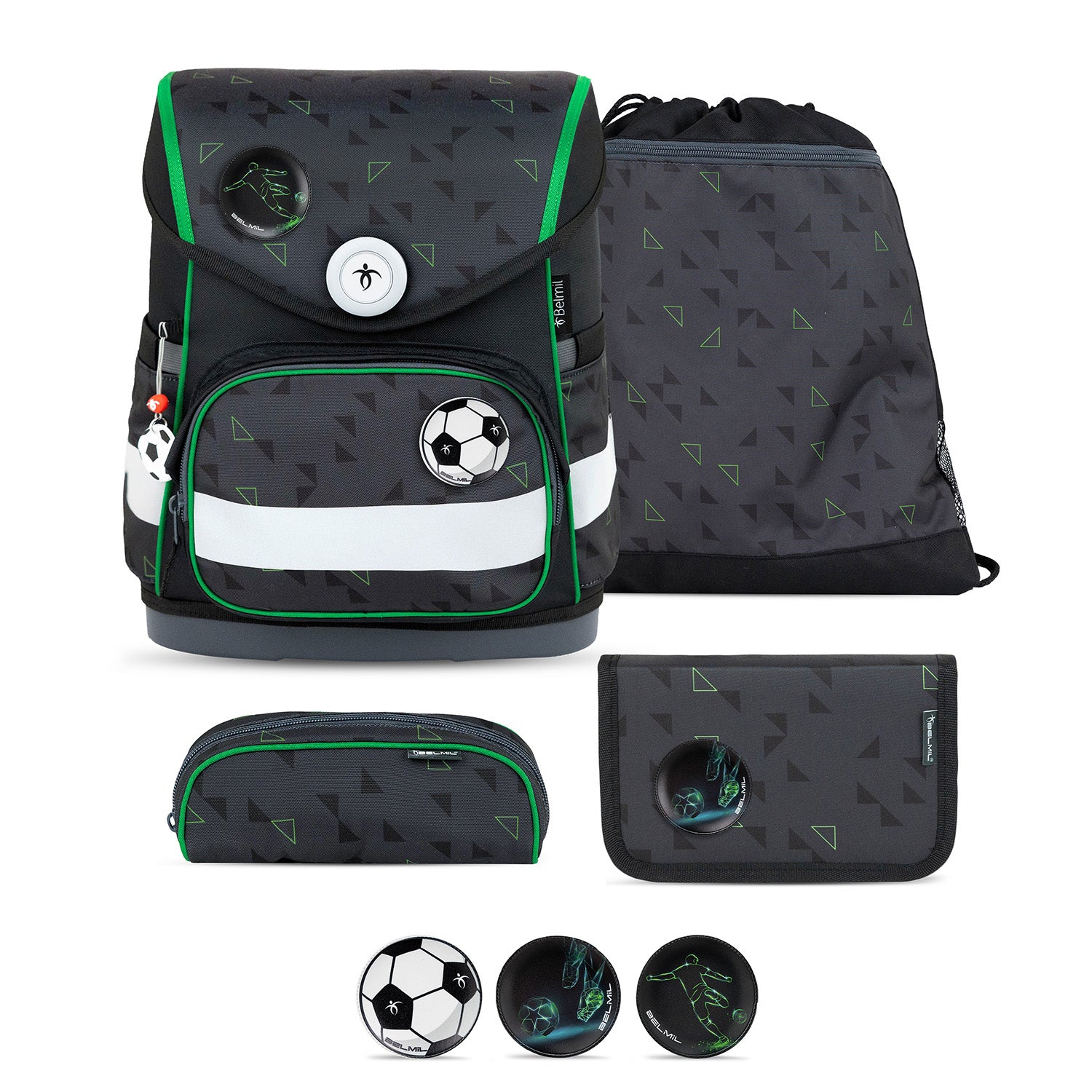 Ergonomic School Bag Set for Boys – Belmil Compact Striker X schoolbag set 5 pcs shown from the front, showcasing its ergonomic design and vibrant colors.