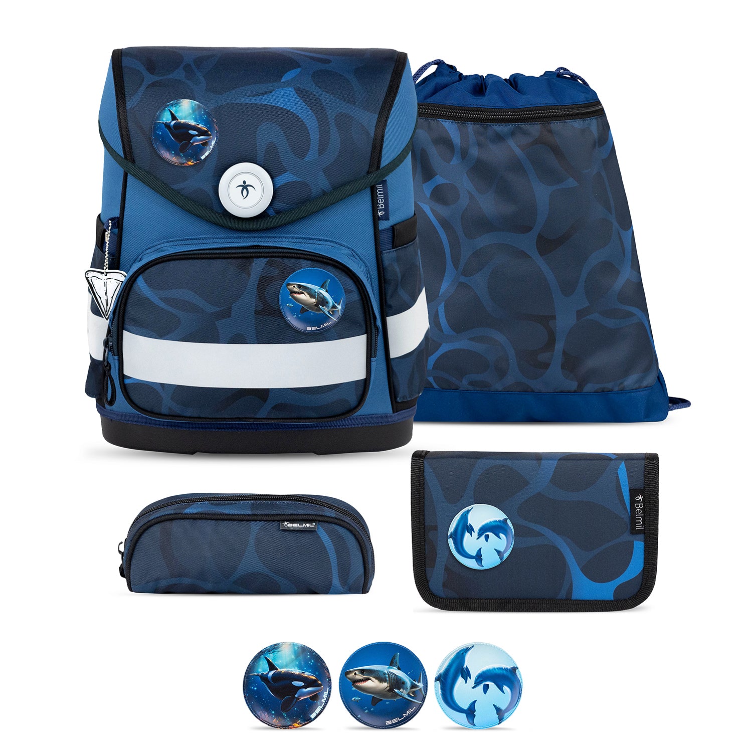 Ergonomic School Bag Set for Boys – Belmil Compact Wave Storm (5 pcs) featuring the stylish Wave Storm design with blue tones and shark motifs.