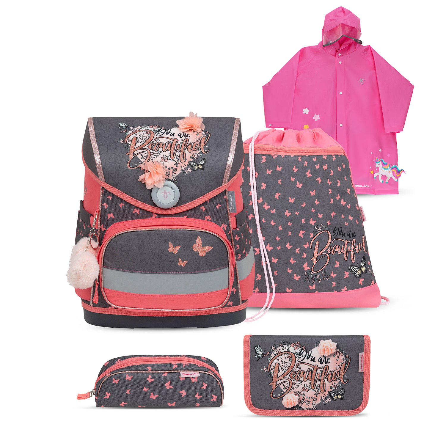 Image of the Belmil Compact Ergonomic School Bag Set “Bloomy Blossom” Design + Unicorn Raincoat – 5-Piece Set for Girls featuring vibrant floral patterns.