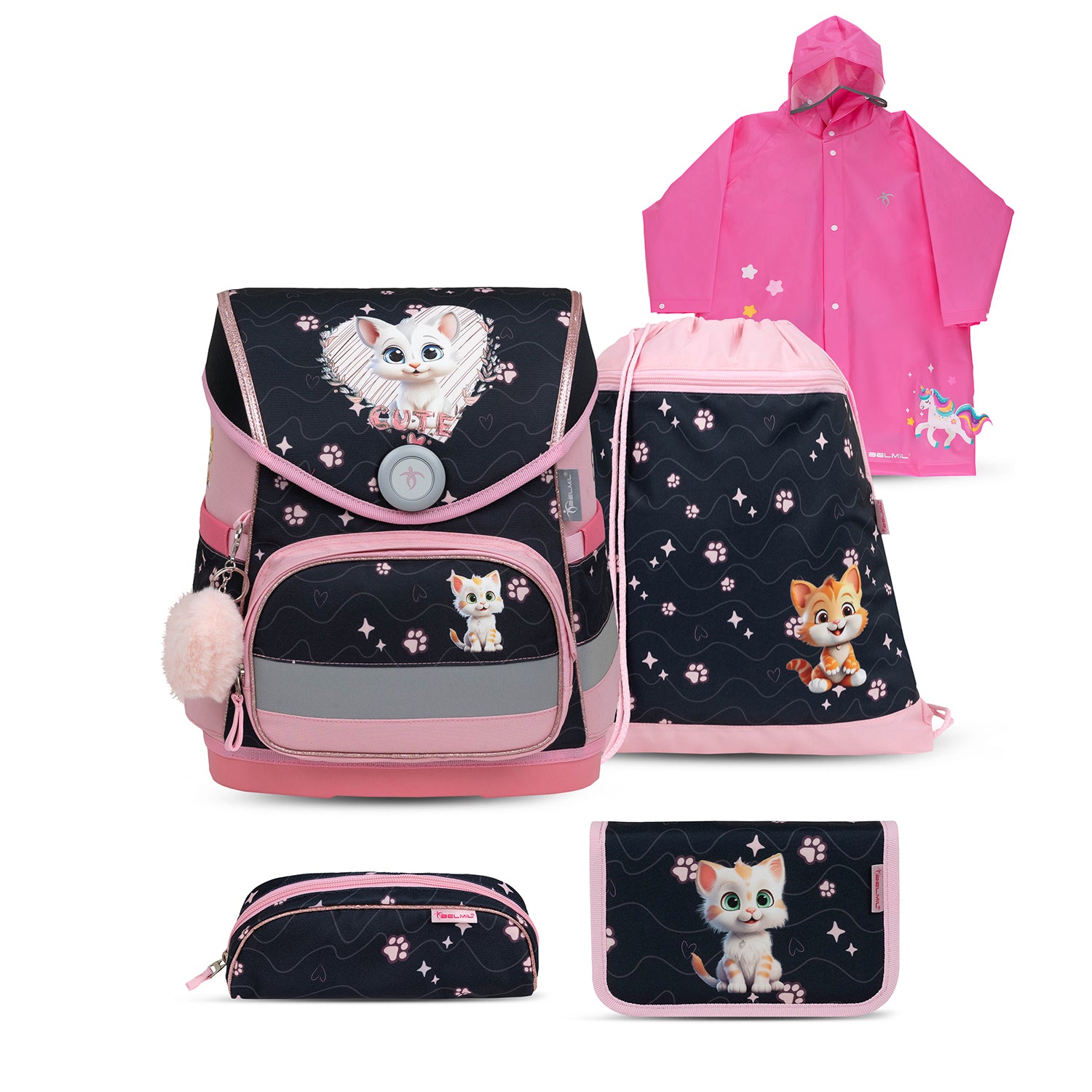 Belmil Compact Ergonomic School Bag Set “Cute Kitten” Design + Unicorn Raincoat – 5-Piece Set for Girls featuring lightweight and ergonomic design.