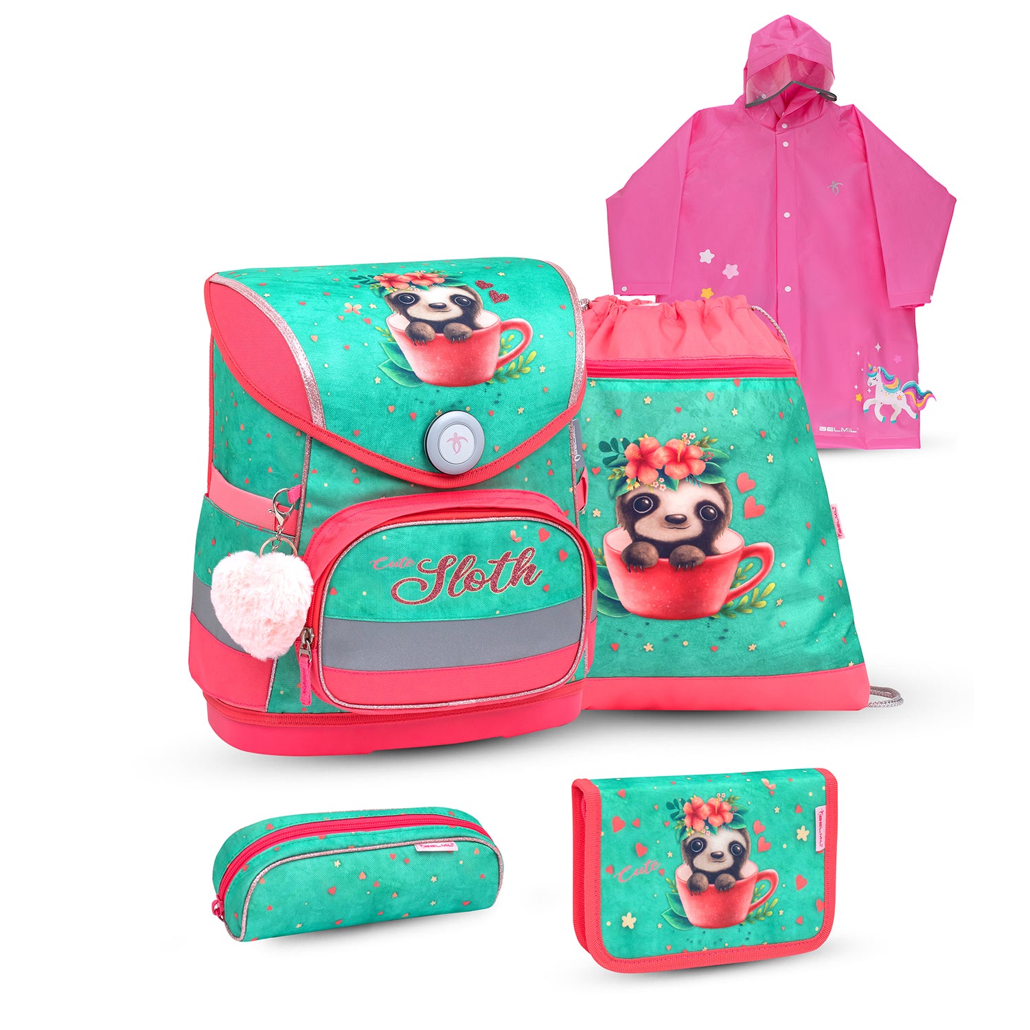 Belmil Compact Ergonomic School Bag Set “Cute Sloth” Design + Unicorn Raincoat – 5-Piece Set for Girls showcasing the adorable sloth design and stylish pastel colors.