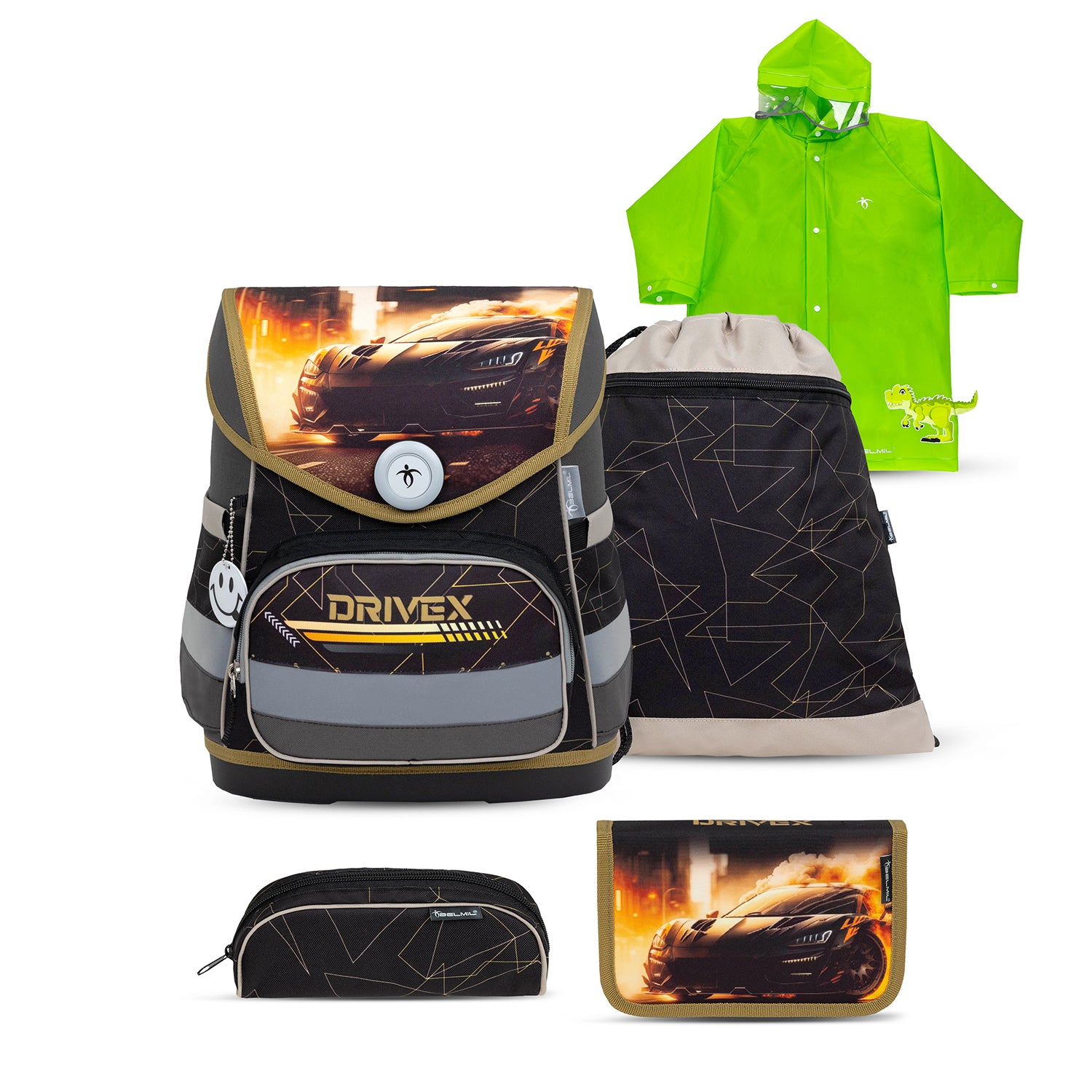 Belmil Compact Ergonomic School Bag Set “Drivex” Design + Dinosaur Raincoat – 5-Piece Set for Boys showcasing the stylish bag in a vibrant design.