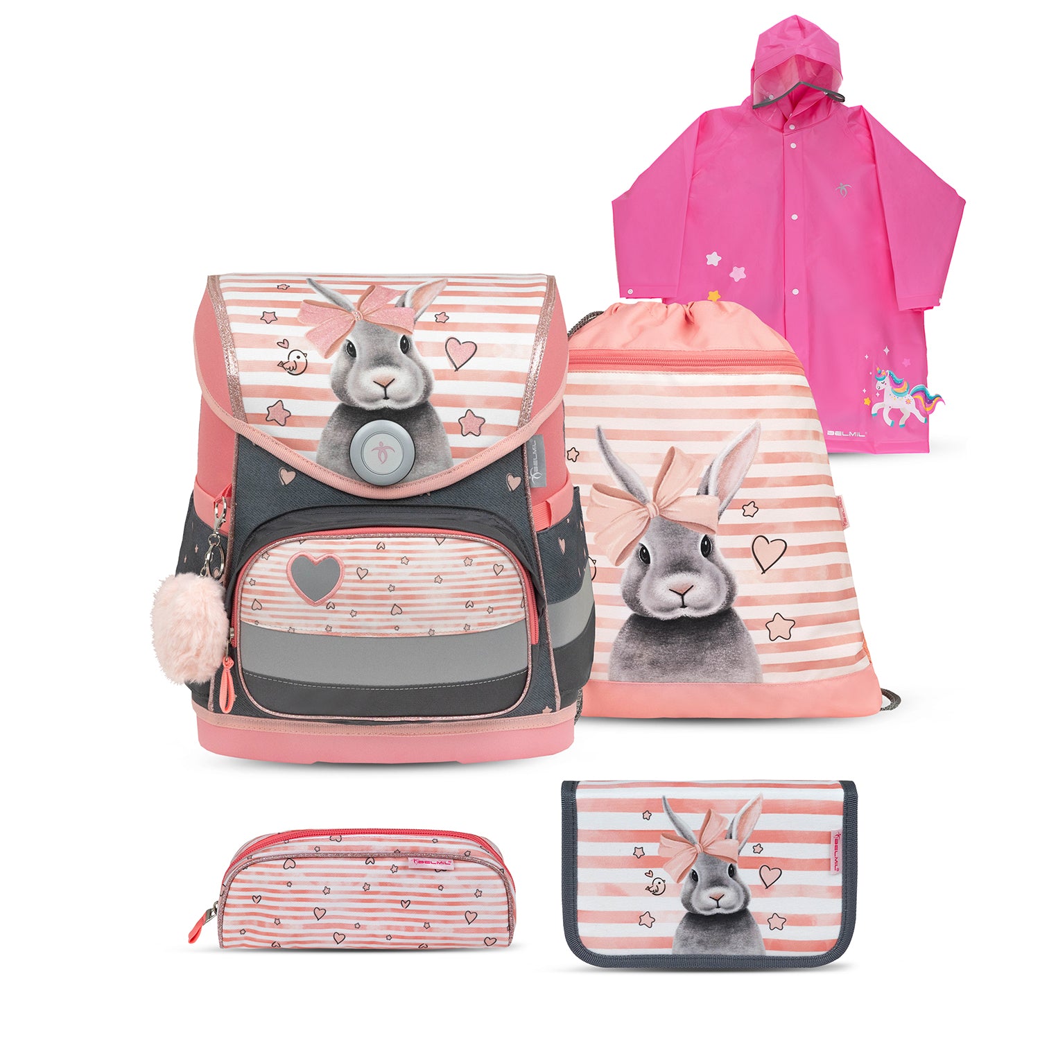Belmil Compact Ergonomic School Bag Set 'Little Bunnies' Design + Unicorn Raincoat – 5-Piece Set for Girls with colorful bunnies and hearts on the bag.