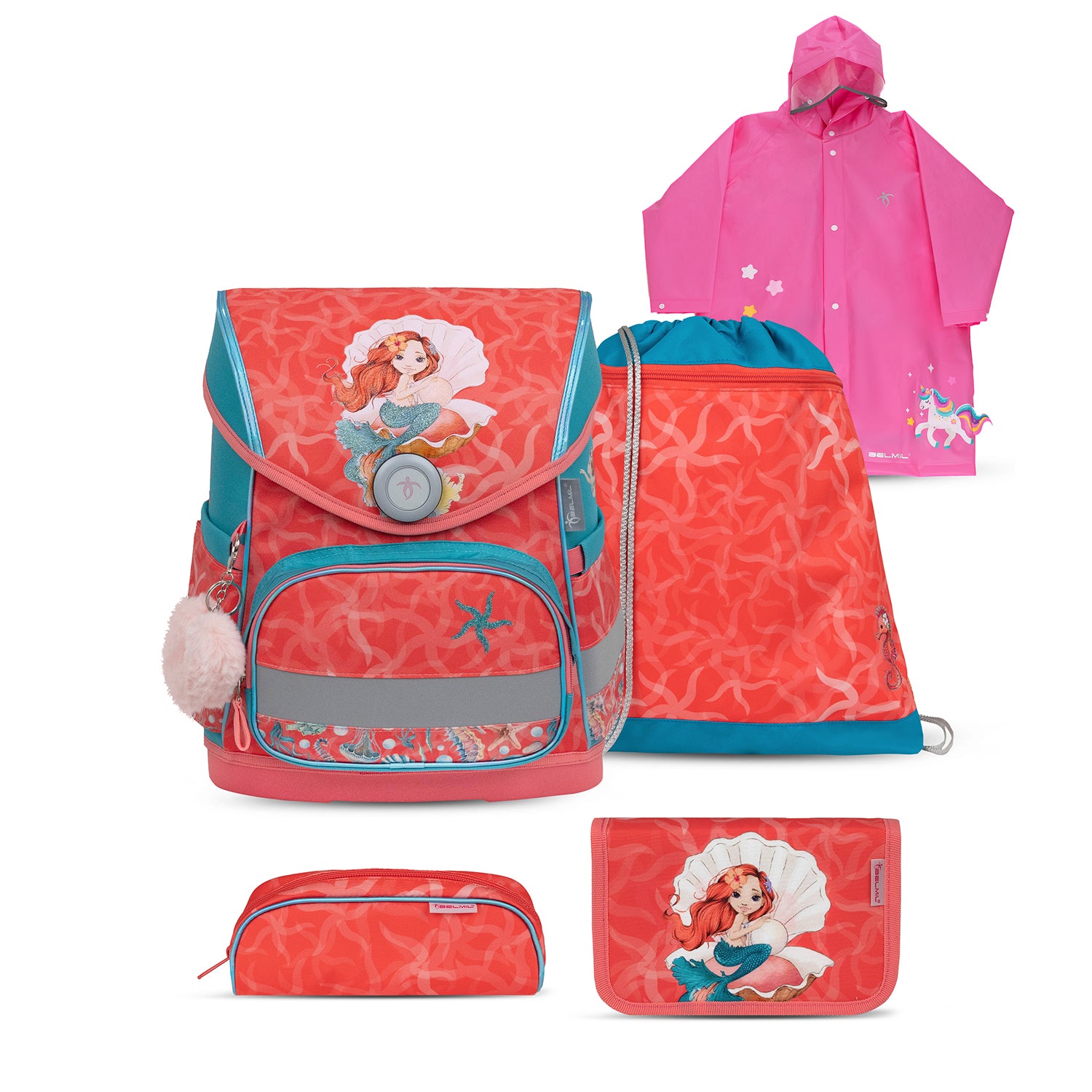 Belmil Compact Ergonomic School Bag Set “Sea Queen” Design + Unicorn Raincoat – 5-Piece Set for Girls featuring a colorful mermaid design.