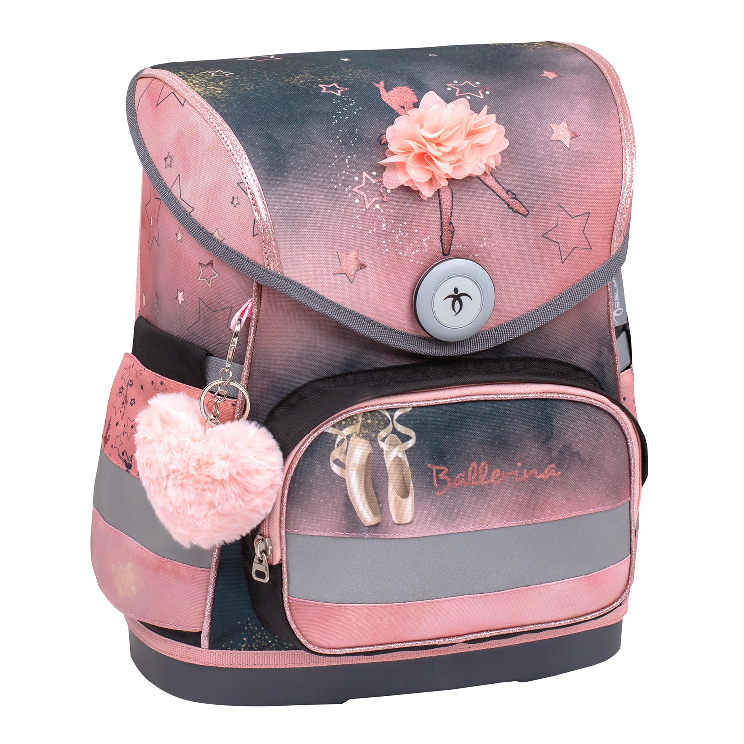 Close-up view of Belmil Compact Ergonomic School Bag Set “Ballerina Black Pink” design featuring adjustable straps and comfortable padding.