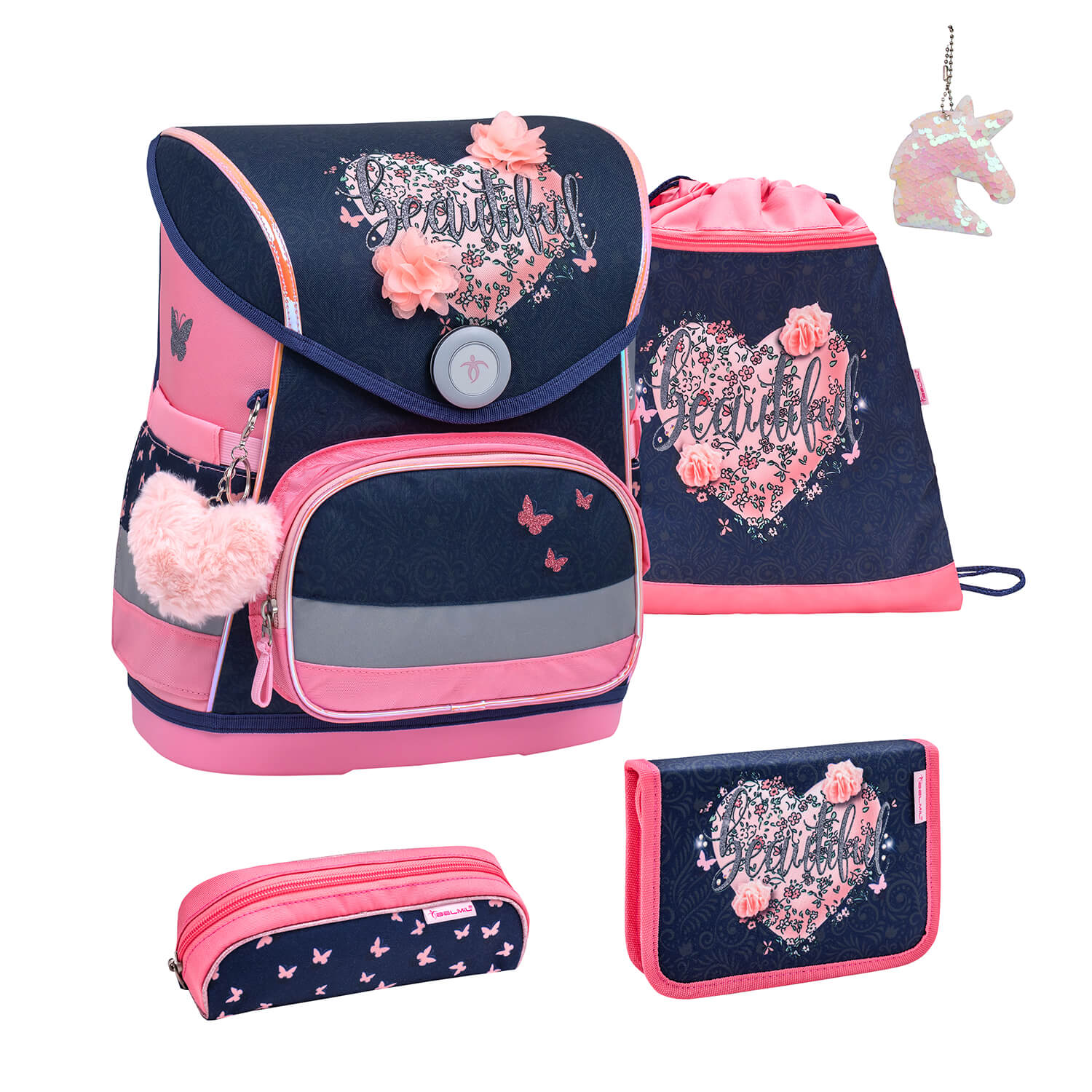 Compact Beautiful Flowers schoolbag set 5 pcs with GRATIS keychain