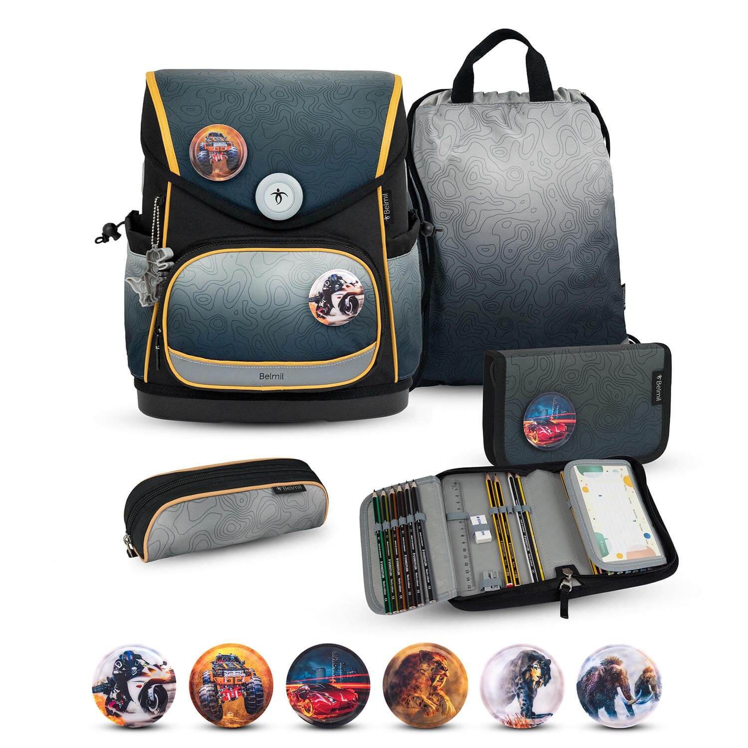 Premium Compact Plus Black Grey Schoolbag set 5pcs.