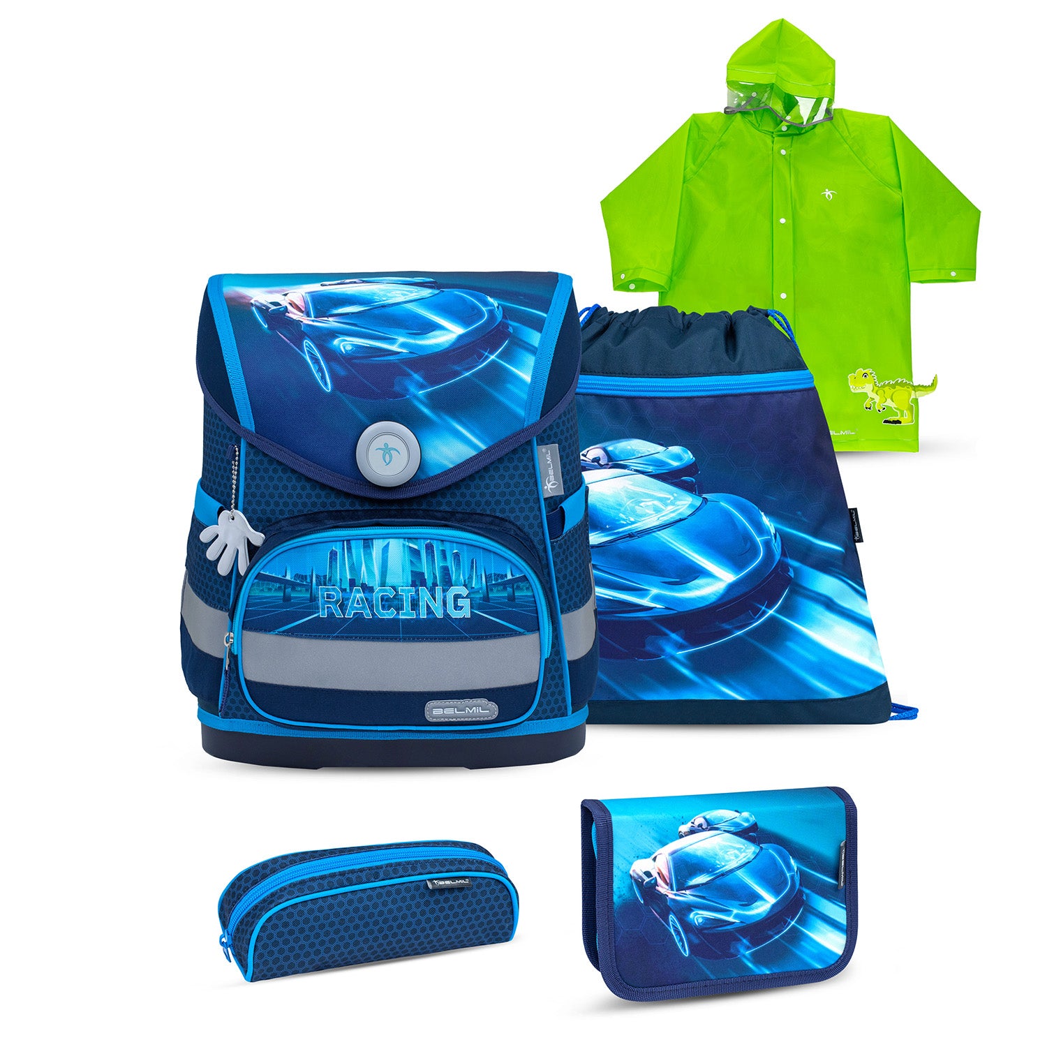 Belmil Compact Ergonomic School Bag Set “Racing Blue Neon” Design + Dinosaur Raincoat – 5-Piece Set for Boys showcasing the stylish ergonomic design suitable for boys.