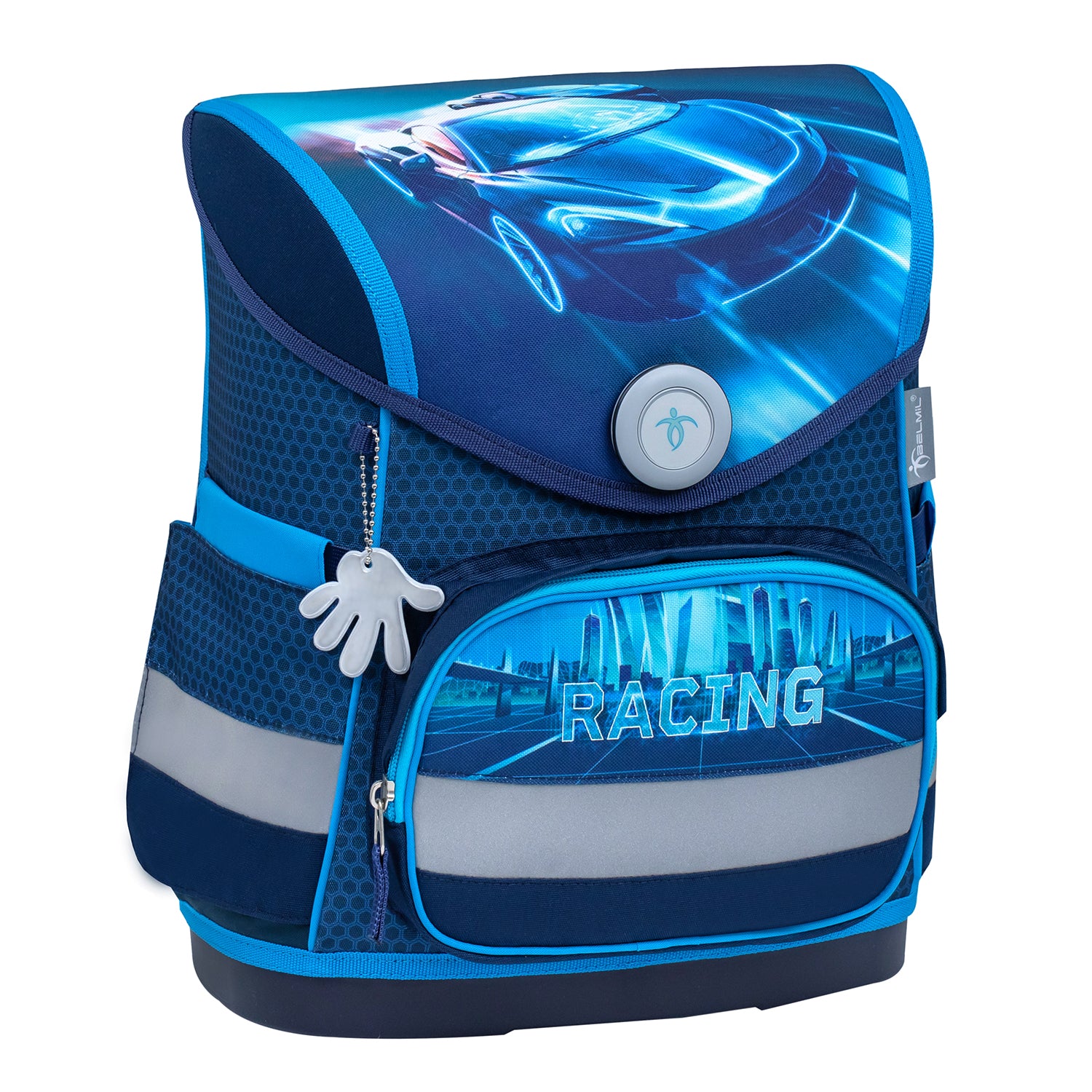Adjustable straps of the Belmil Compact Ergonomic School Bag Set “Racing Blue Neon” Design + Dinosaur Raincoat – 5-Piece Set for Boys designed for comfort.
