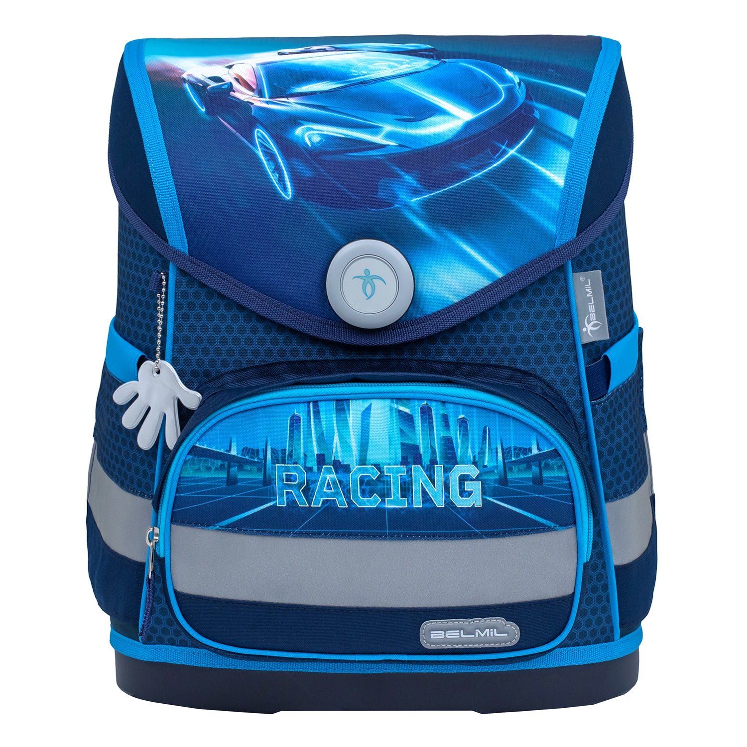 Features of the Belmil Compact Ergonomic School Bag Set “Racing Blue Neon” Design + Dinosaur Raincoat – 5-Piece Set for Boys highlighting the lightweight and breathable materials.