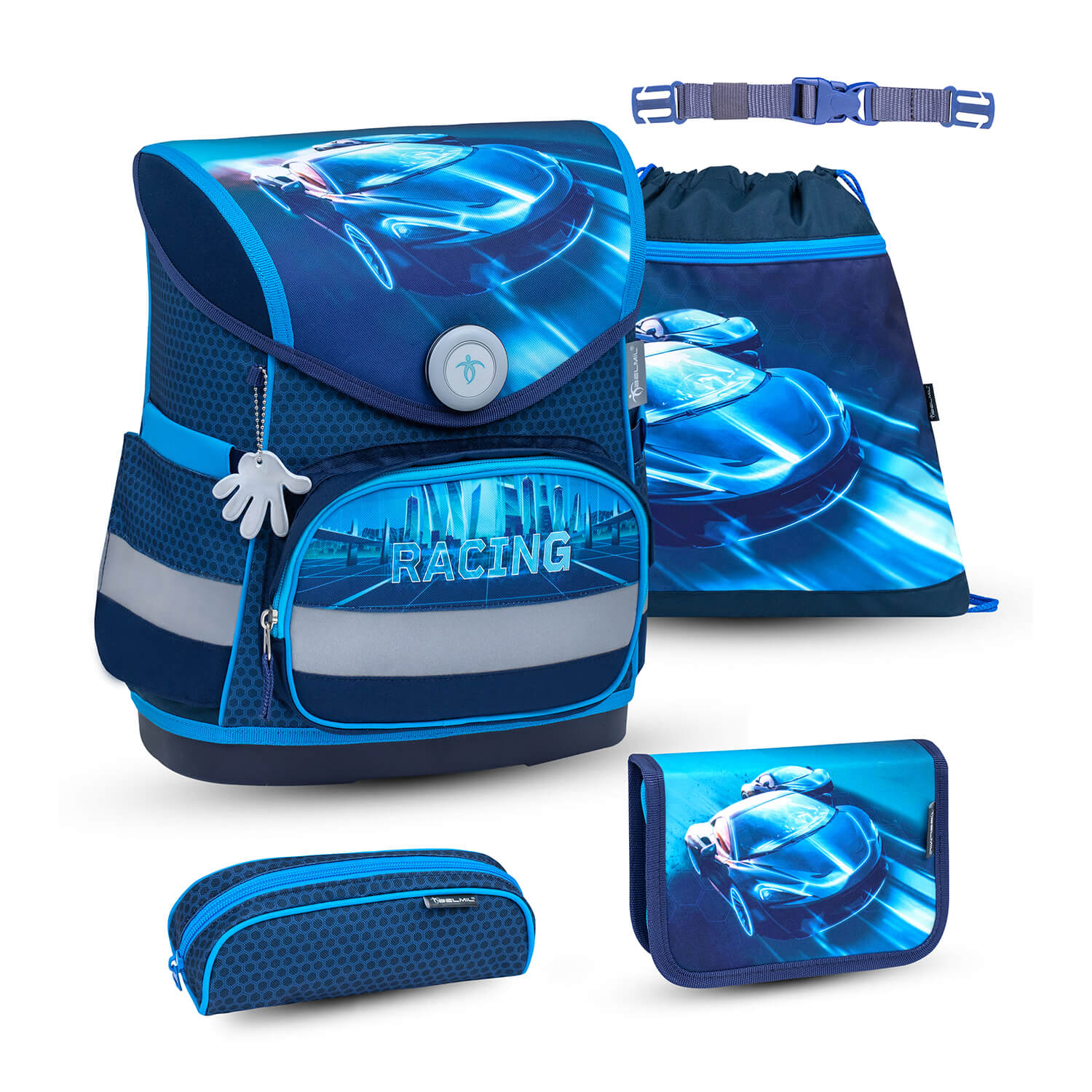 Compact Racing Blue Neon schoolbag set 5 pcs with GRATIS chest strap