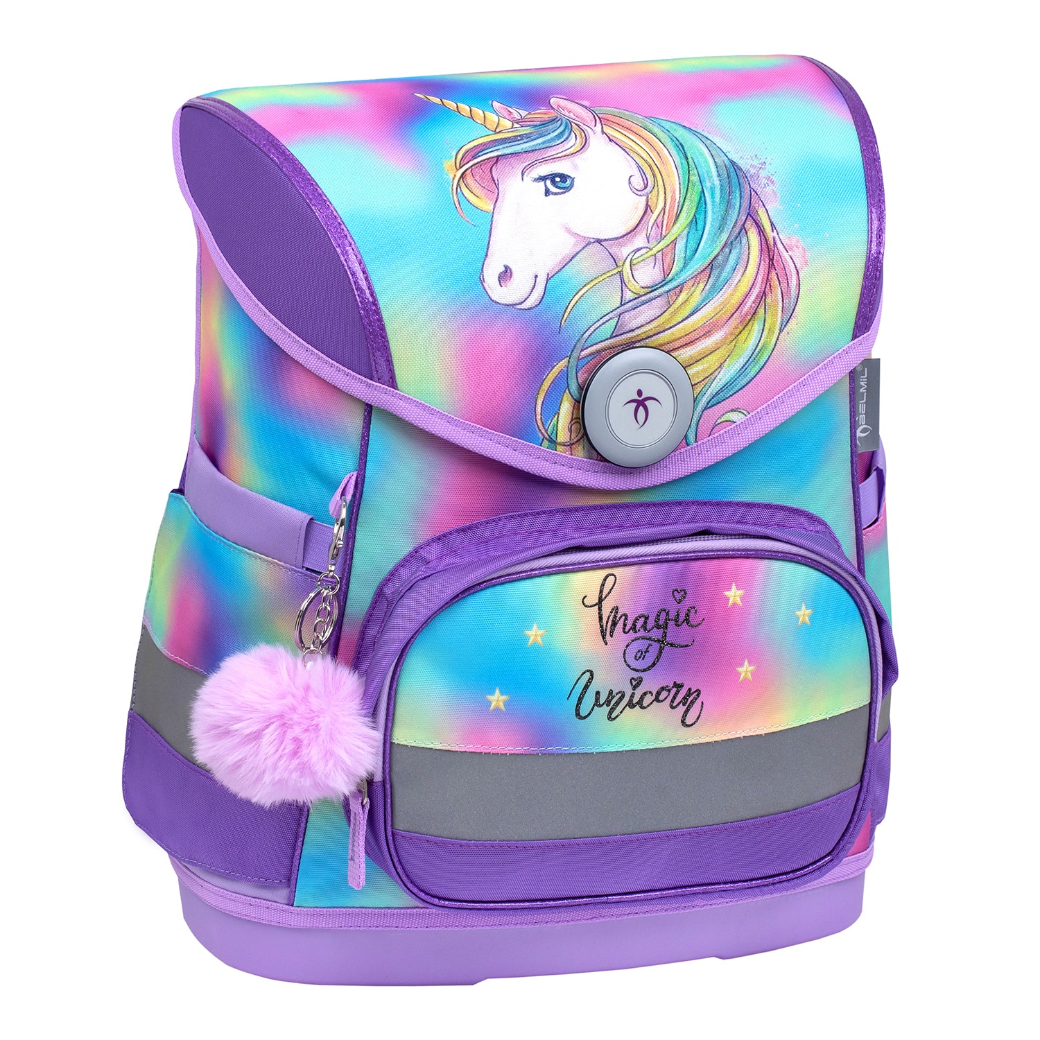 The adjustable shoulder straps on the Belmil Compact Ergonomic School Bag Set “Rainbow Color” Design + Unicorn Raincoat – 5-Piece Set for Girls, promoting comfort for young girls.