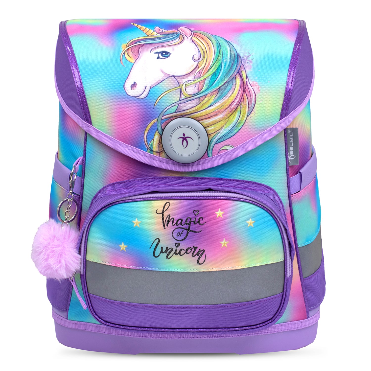 Close-up of the Belmil Compact Ergonomic School Bag Set “Rainbow Color” Design + Unicorn Raincoat – 5-Piece Set for Girls featuring the magical unicorn design and rainbow details.