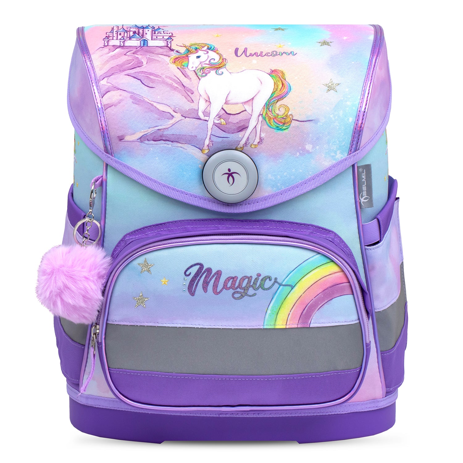 Close-up of the Belmil Compact Ergonomic School Bag Set “Rainbow Unicorn Magic” Design with adjustable straps and ergonomic back panel.