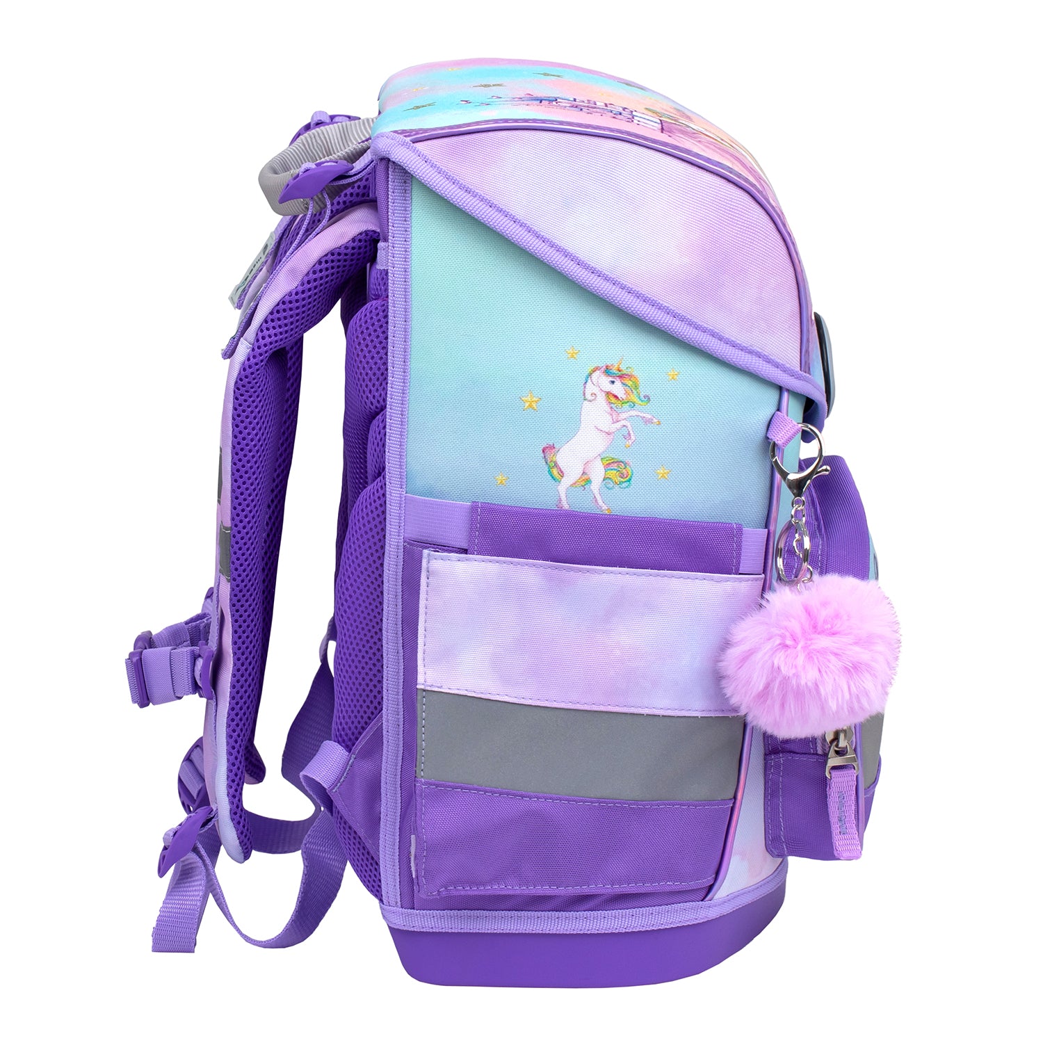 A stylish view of the Belmil Compact Ergonomic School Bag Set “Rainbow Unicorn Magic” Design including a gym bag and pencil cases.