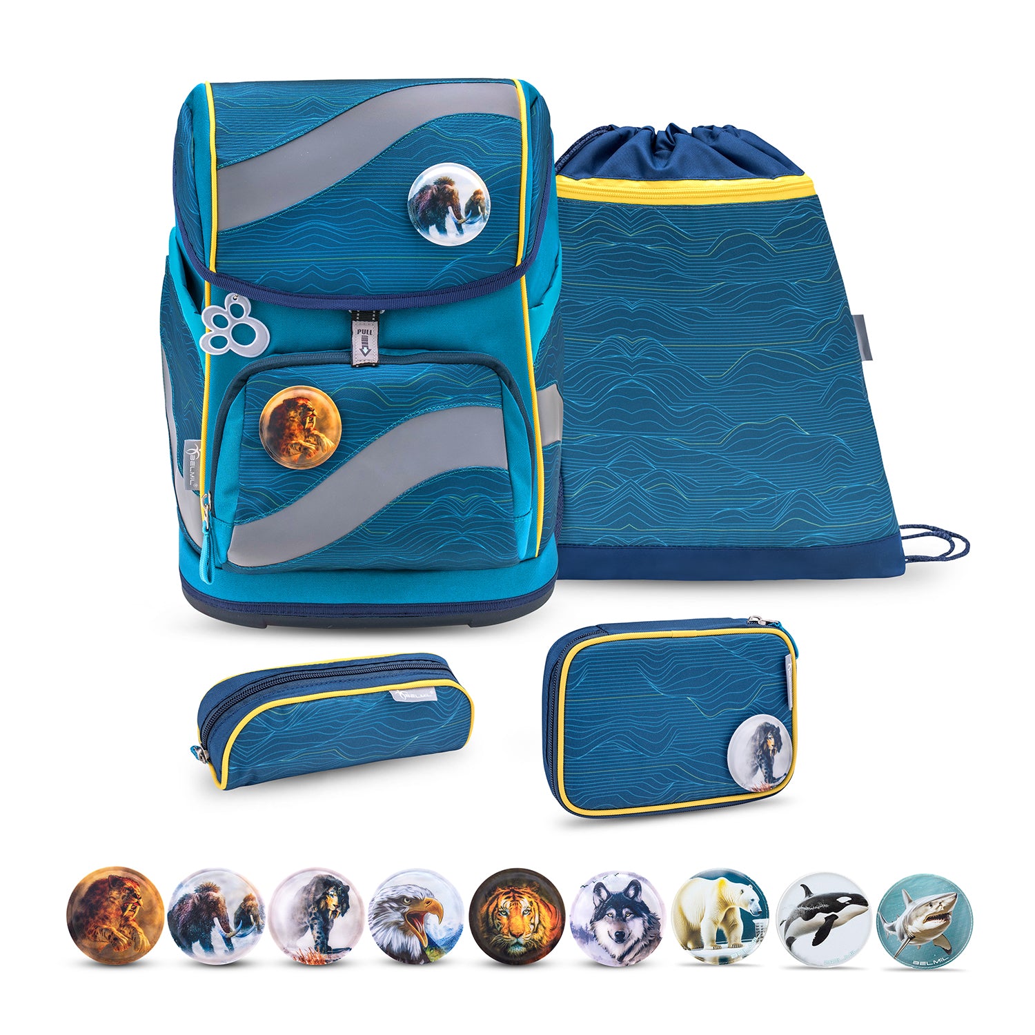 Belmil Smarty Waves Orange Ergonomic School Bag Set – 5-Piece Set with 9 Interchangeable Patches and Hip Belt including an adjustable hip belt.